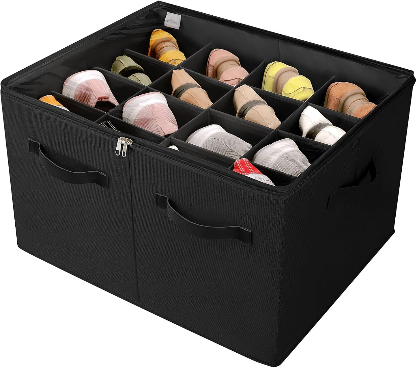 Shoe Organizer for Closet, Foldable Shoe Box with Adjustable Dividers and Clear Cover, Space Saving Shoe Storage Organizer Cabinet with Reinforced Handles, Fits 16 Pairs, Black, TP09B