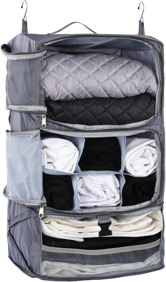 TABITORA Travel Portable Hanging Shelves Closet Organizer Packing Luggage Storage with Multifunctional and Foldable Invisible Compartment,Lightweight, for Suitcase, RV,Closet…Grey,XL