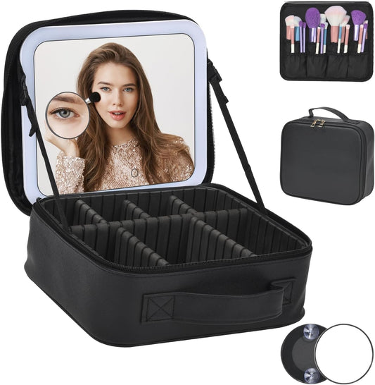 Travel Makeup Bag With LED Mirror,Cosmetic Train Case with 3 Color Setting,Cosmetic Makeup Organizer Bag with Adjustable Dividers,Portable Make up Box with Make up Brushes Holder Storage（Back）