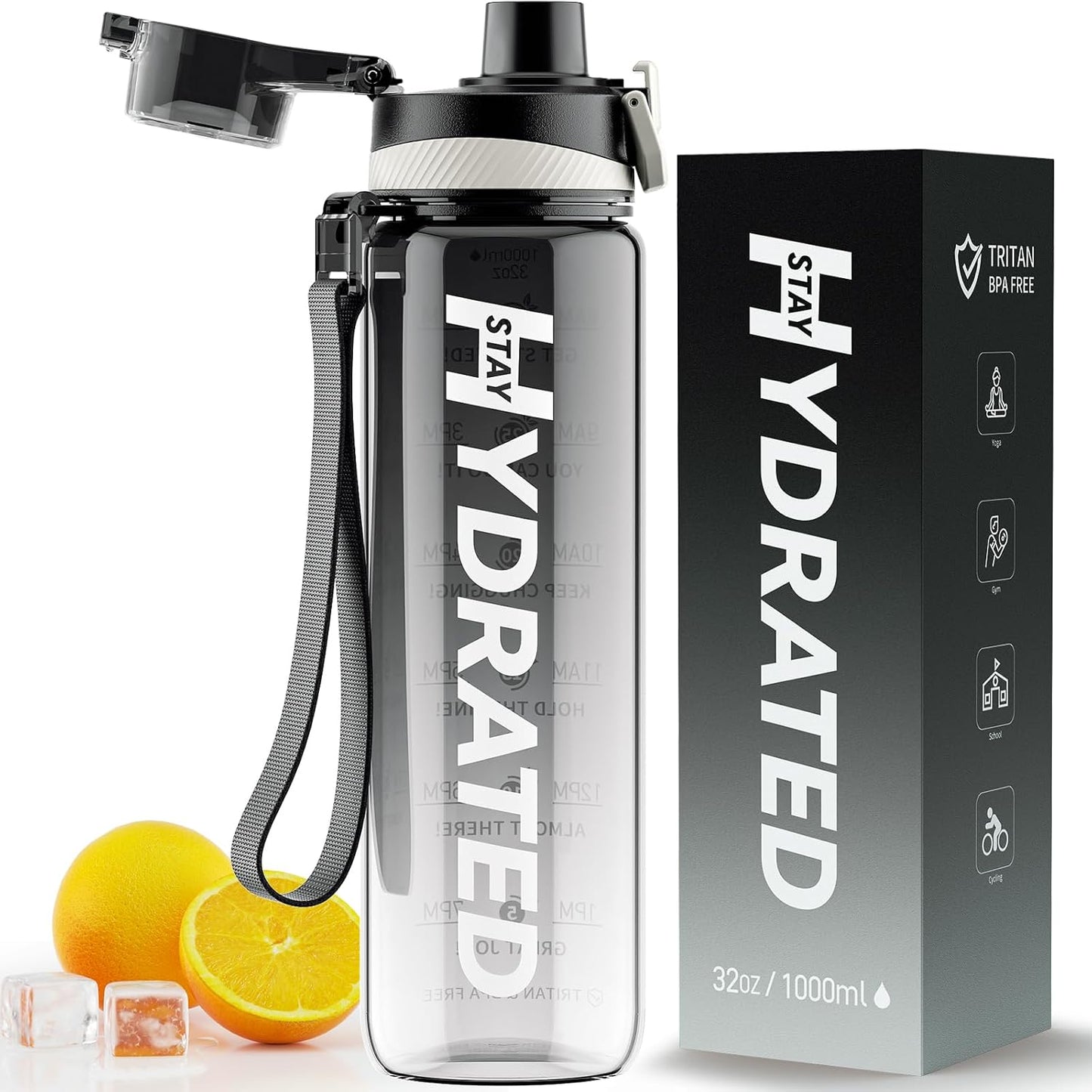 Water Bottle, 32 oz Motivational Water Bottles with Time Marker-Tritan & BPA Free, Sports Water Bottle with Time to Drink & Strap, Wide Mouth, Leakproof -Gift for Christmas Gym Fitness & Outdoor