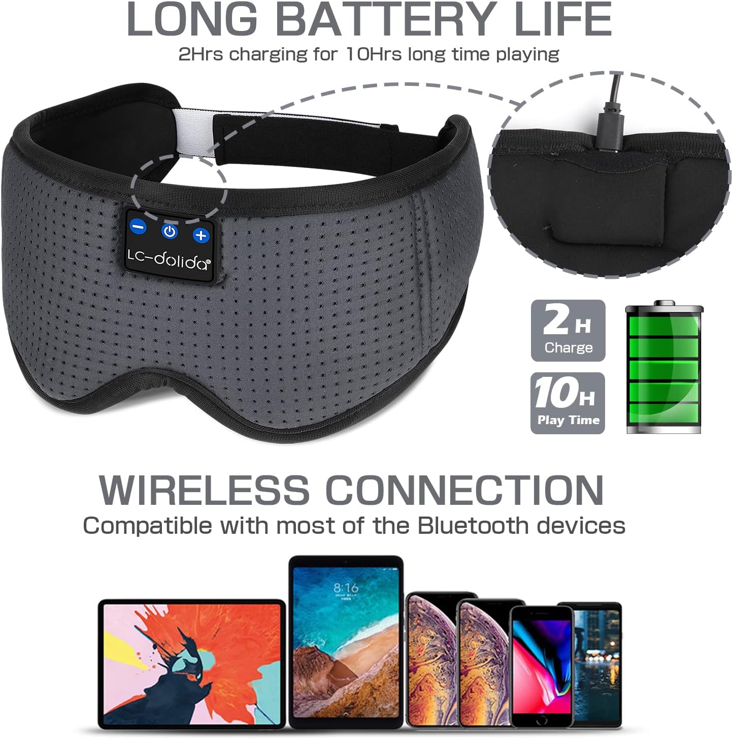 LC-dolida Sleep Headphones, Sleep Mask Bluetooth Wireless Music Eye Mask, Sleeping Headphones for Side Sleepers Sleep Mask with Bluetooth Headphones Ultra-Thin Stereo Speakers Perfect for Sleeping