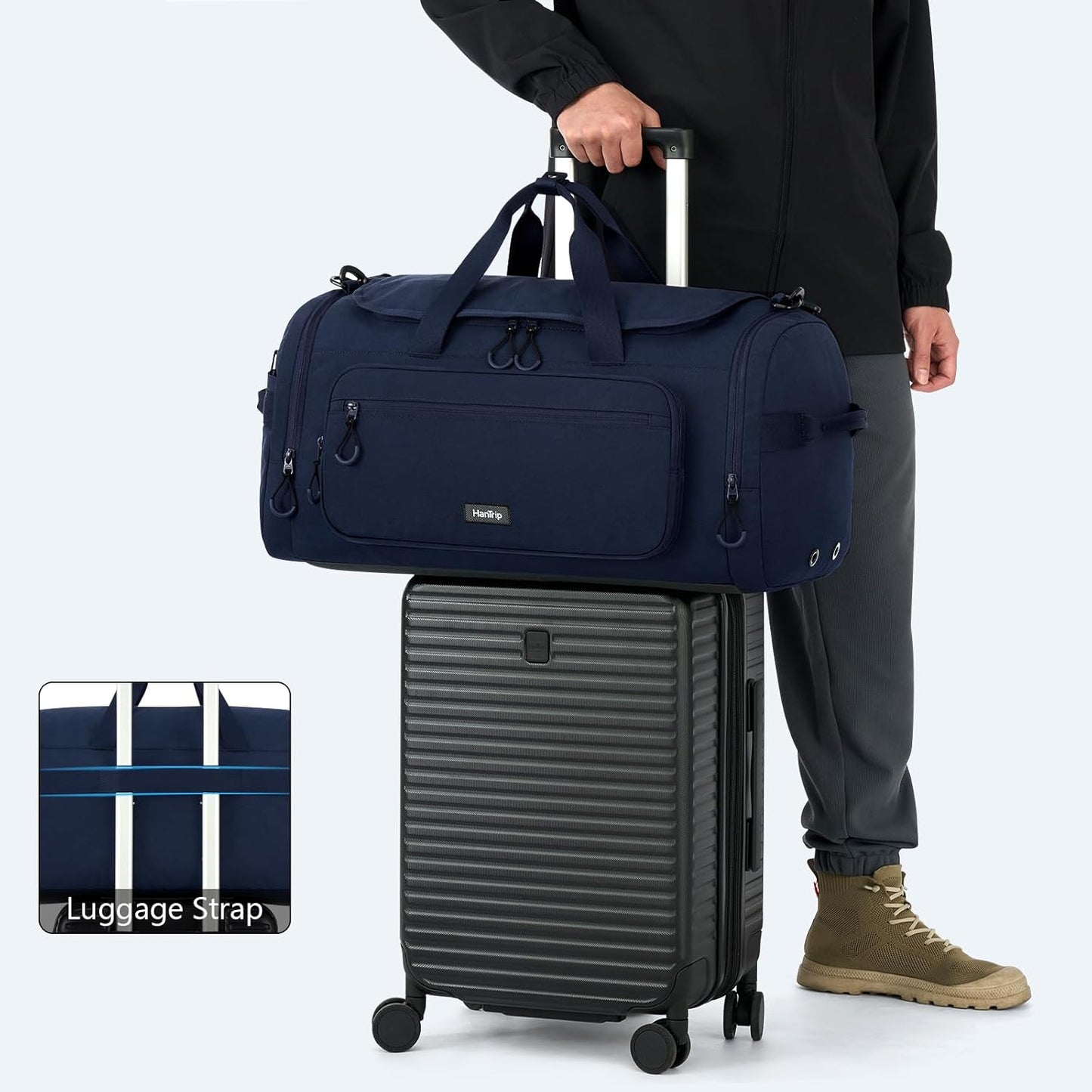 Large Travel Duffle Gym Bag with Shoe Compartment, Underseat Carry On Luggage Overnight Weekender Personal Item Workout Bags for Women Men (Navy Blue)