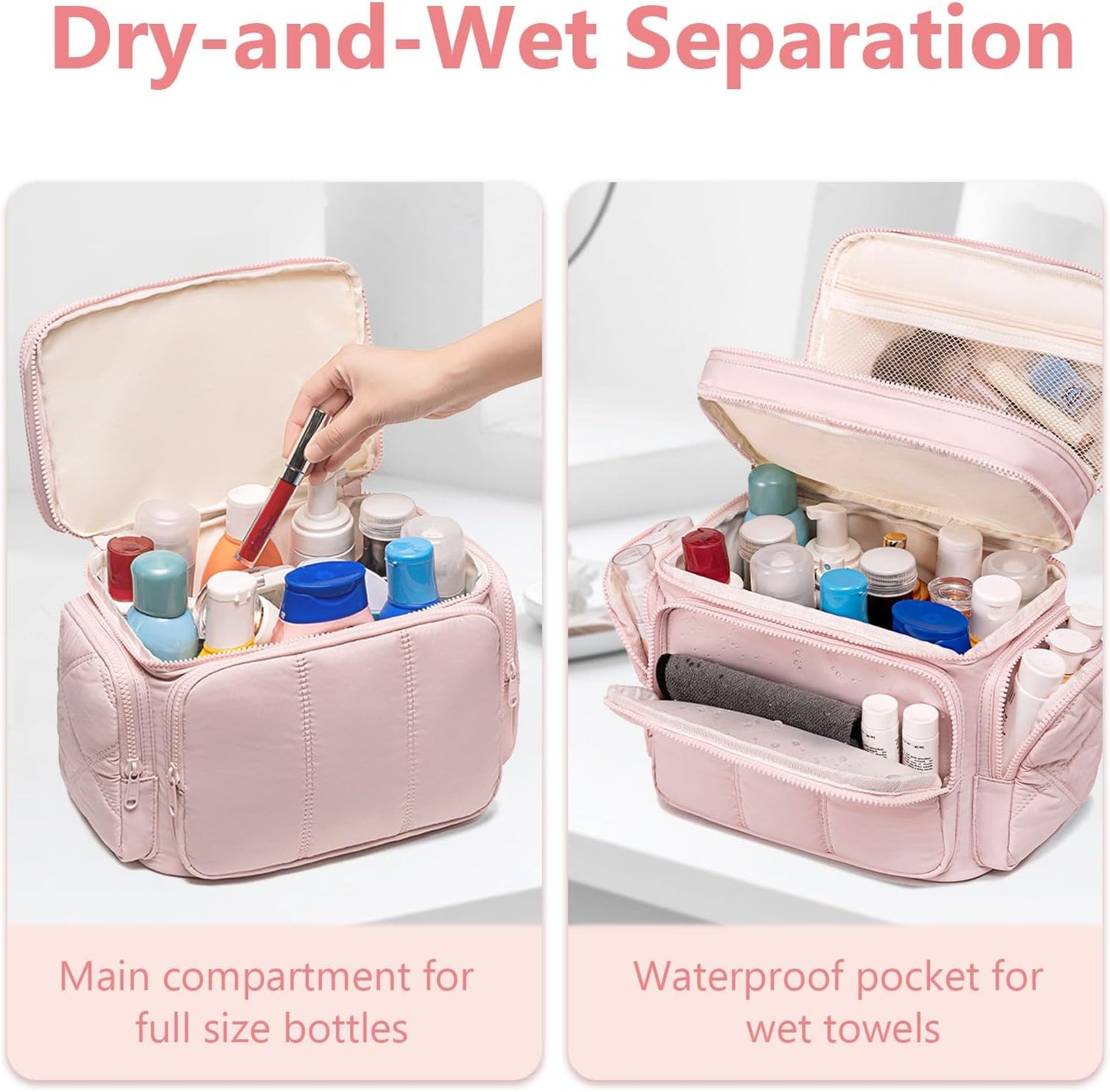 LEDAOU Toiletry Bag for Women,Quilted Travel Makeup Bag Organizer with Double Deck, Large Wide-open Cosmetic Make up Bag for Travel Essentials (Pink Puffy)