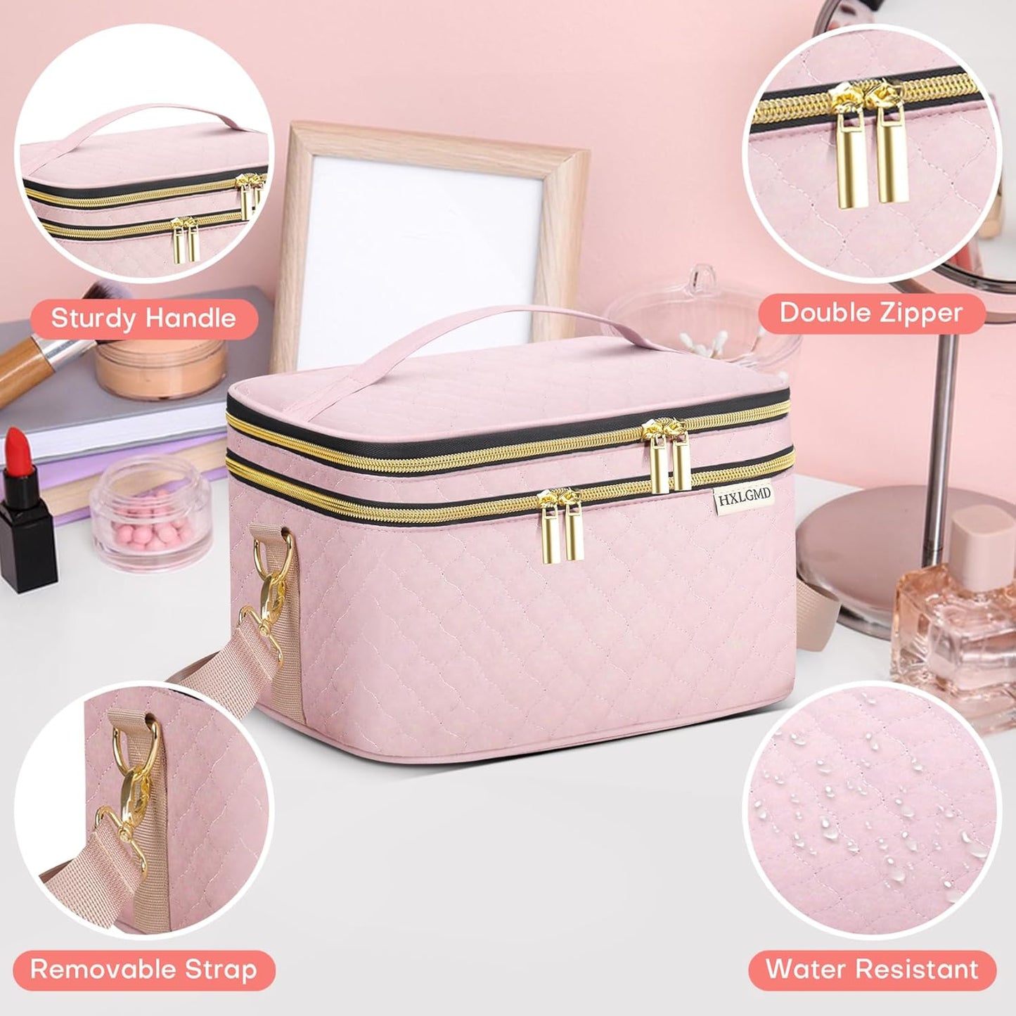 Double Layer Travel Makeup Bag Women, Cosmetic Organizer Case, Travel Essentials Accessories with Shoulder Strap for Bottles, Brushes, Conditioner, Skin Care Products, Pink