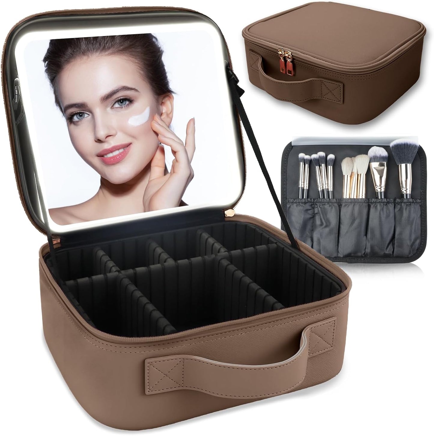 Makeup Bag with Led Mirror,Travel Makeup Organizer with 3 Color Setting, Portable Storage and Adjustable Dividers Travel Makeup Bag(Mocha)
