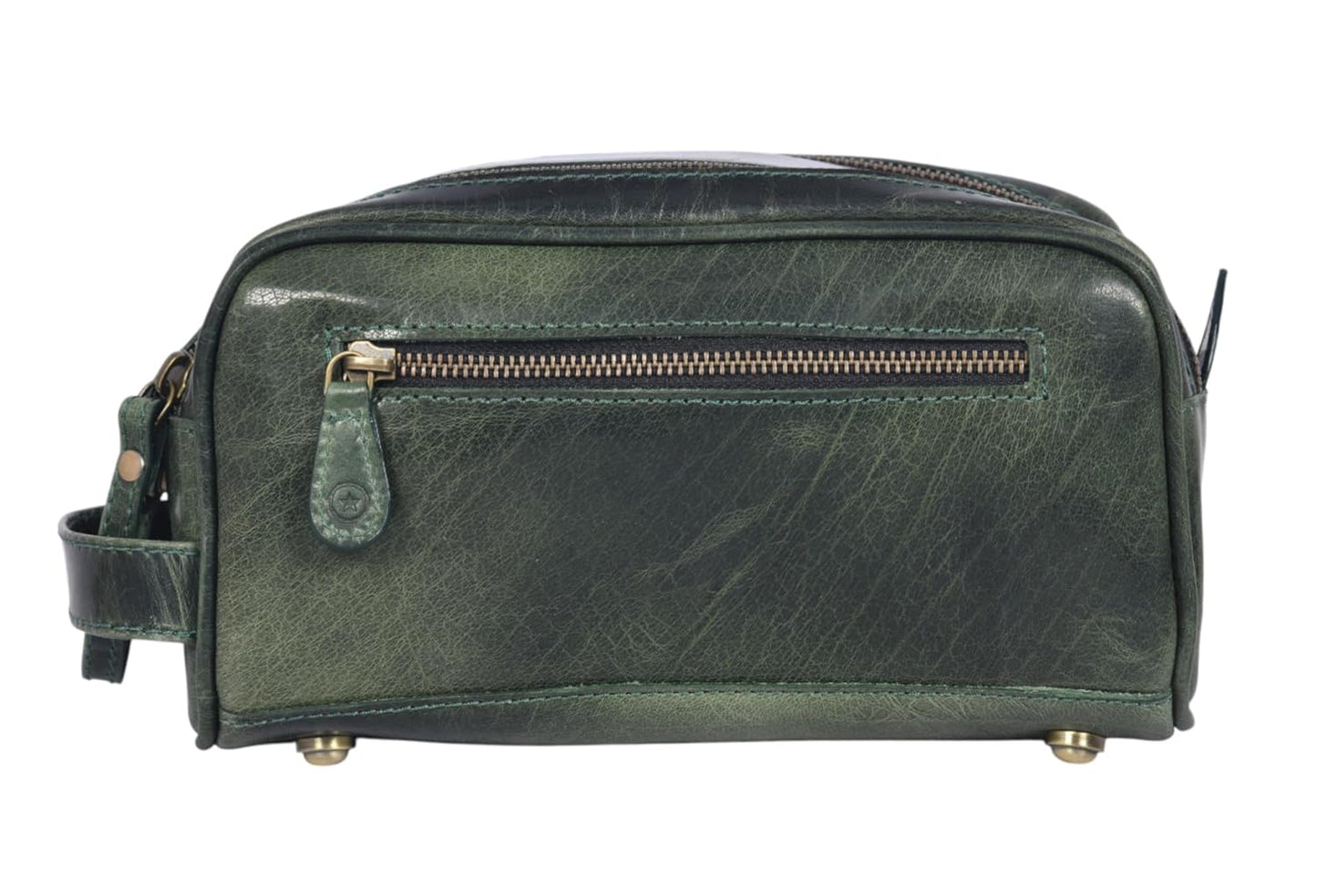 10" Premium Leather Toiletry Travel Pouch With Waterproof Lining | King-Size Handcrafted Vintage Dopp kit By Aaron Leather Goods (Seaweed Green)
