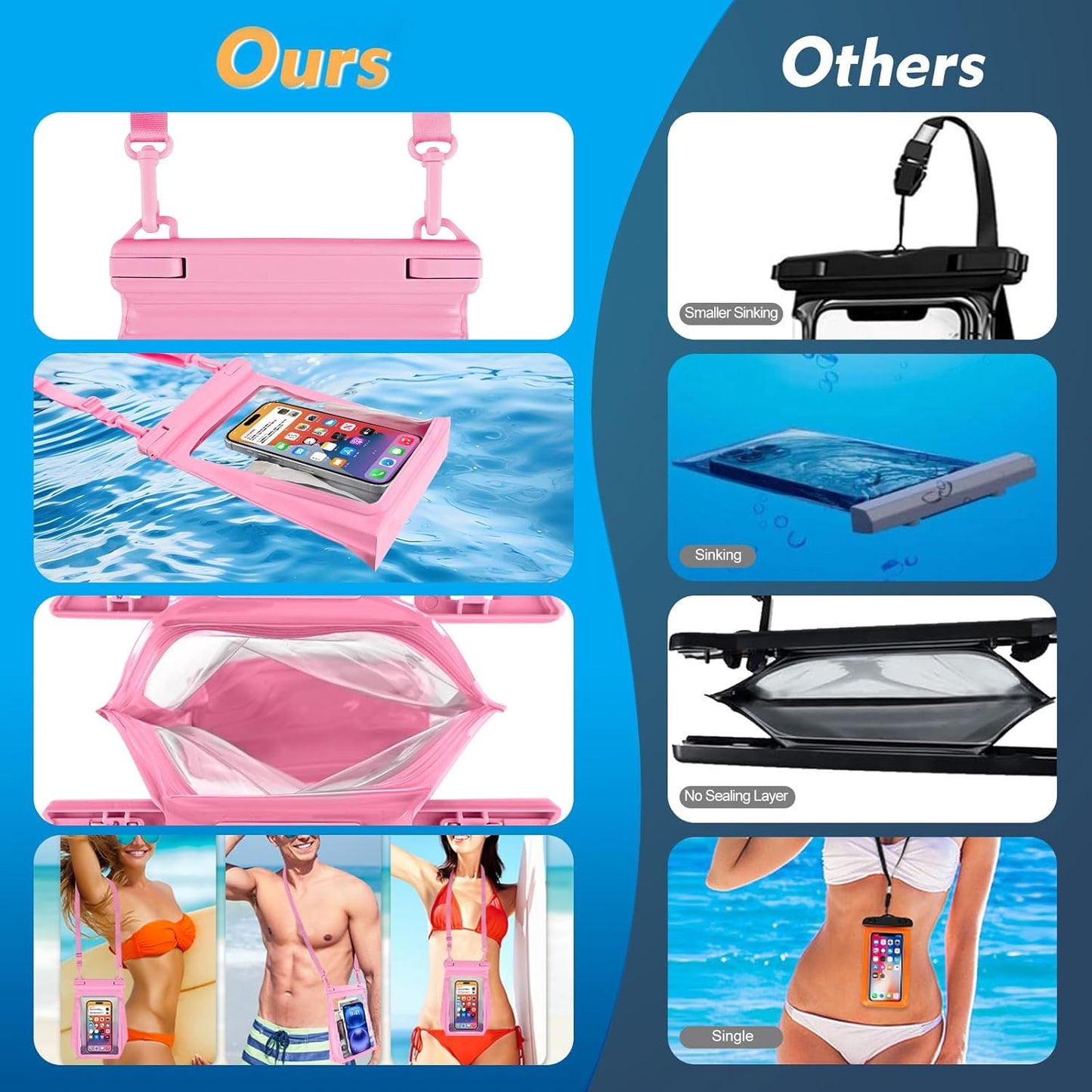 Large Waterproof Phone Pouch [with Sealing Strip], Cell Phone Dry Bag for iPhone 16 15 14 13 Pro Max Galaxy S25 S24 S23 All Devices, Floating Water Proof Bag for Beach Water Park Pink