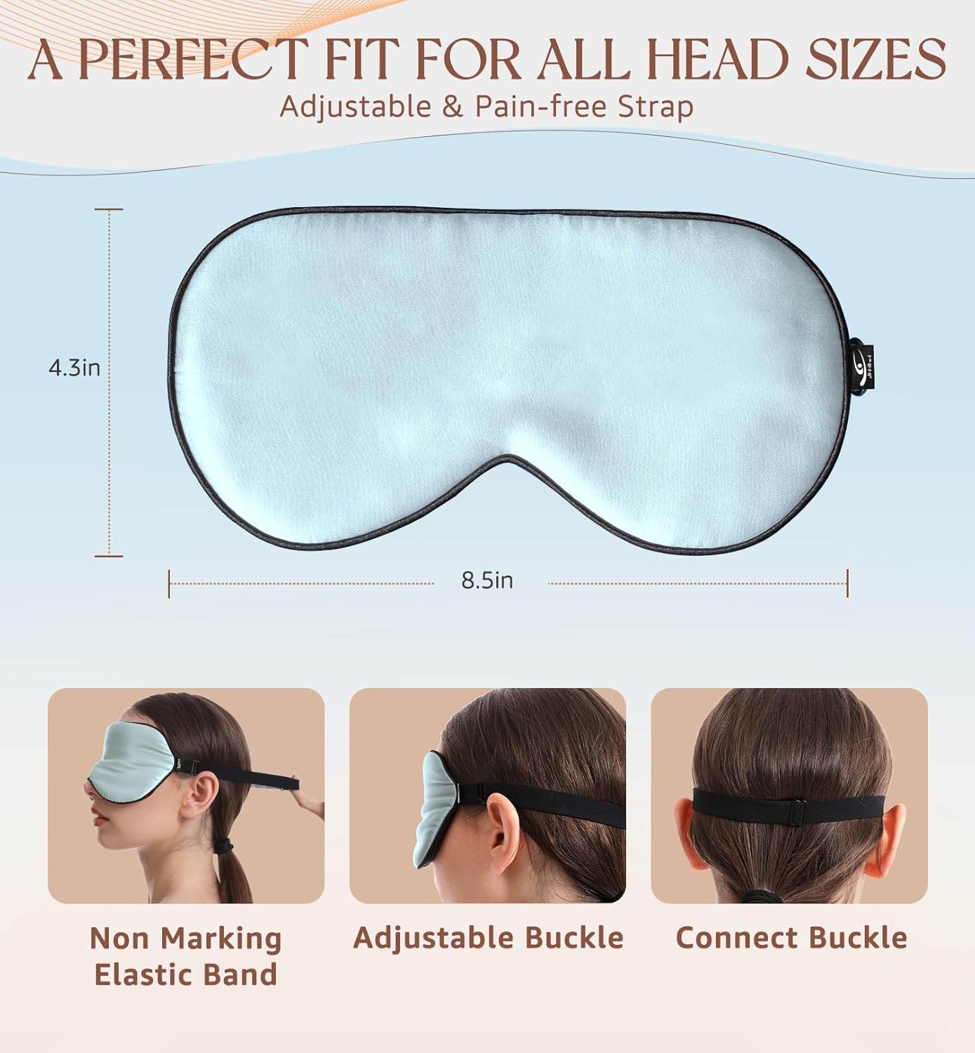 HiRui Silk Sleep Mask, 100% Natural Mulberry Silk of Double-Sided & Inner-Filling, Ultra-Smooth Soft, Adjustable Strap, Blocks Light for Night Sleeping, Travel, Office Naps (Light Blue)
