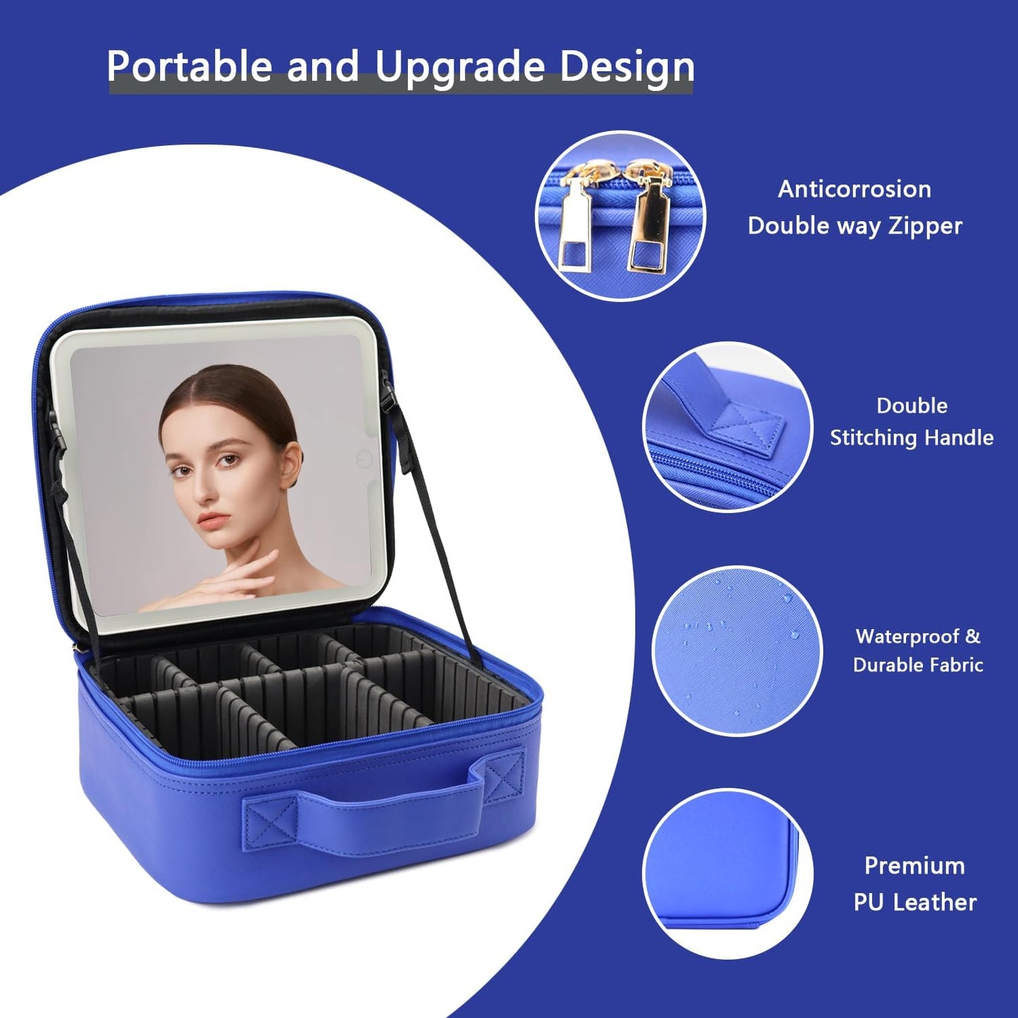 Makeup Bag with Led Mirror,Travel Makeup Organizer with 3 Color Setting, Portable Storage and Adjustable Dividers Travel Makeup Bag(dark blue)