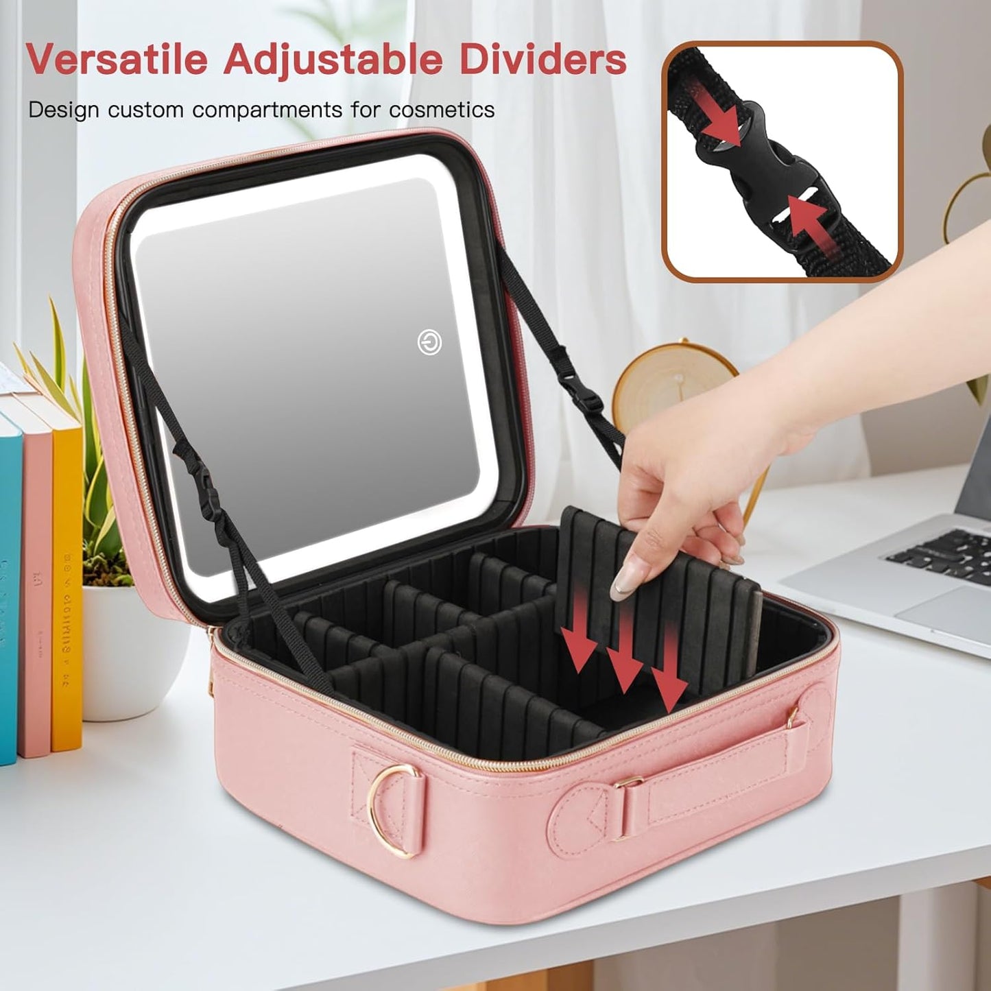 Travel Makeup Bag with LED Mirror, Cosmetic Bags for Women with Light up Mirror, Travel Essentials Makeup Organizer, Makeup Case with Adjustable Dividers and Brush Holder, 3 Color Lights