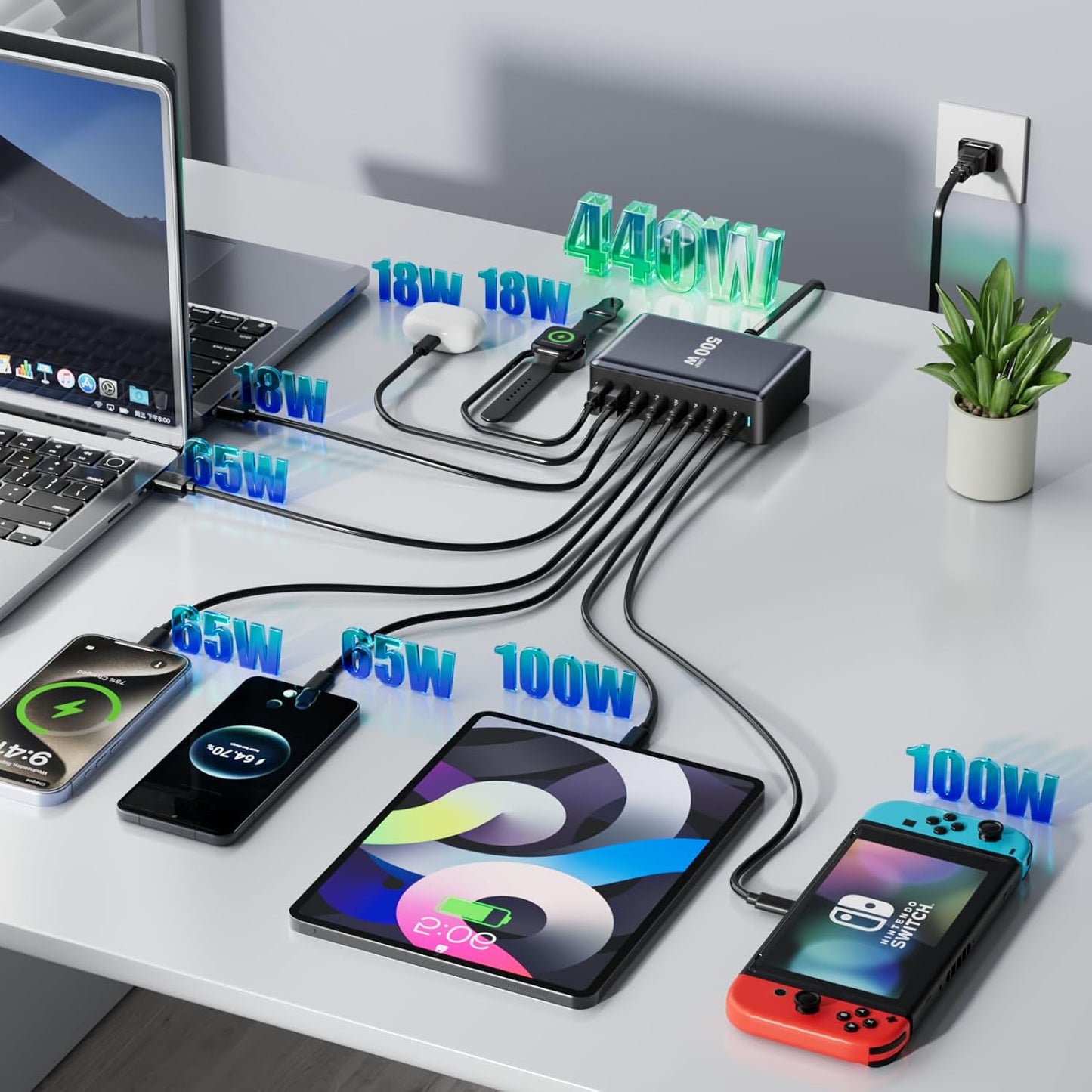 440W Fast Charging 8 Port USB C Charger Block, Multi-Device USB Charging Station Wall Desktop Charger with GaN Ⅲ Technology, USB-C Charger Adapter for MacBook/iPad/iPhone 16/Samsung Galaxy/DELL/HP