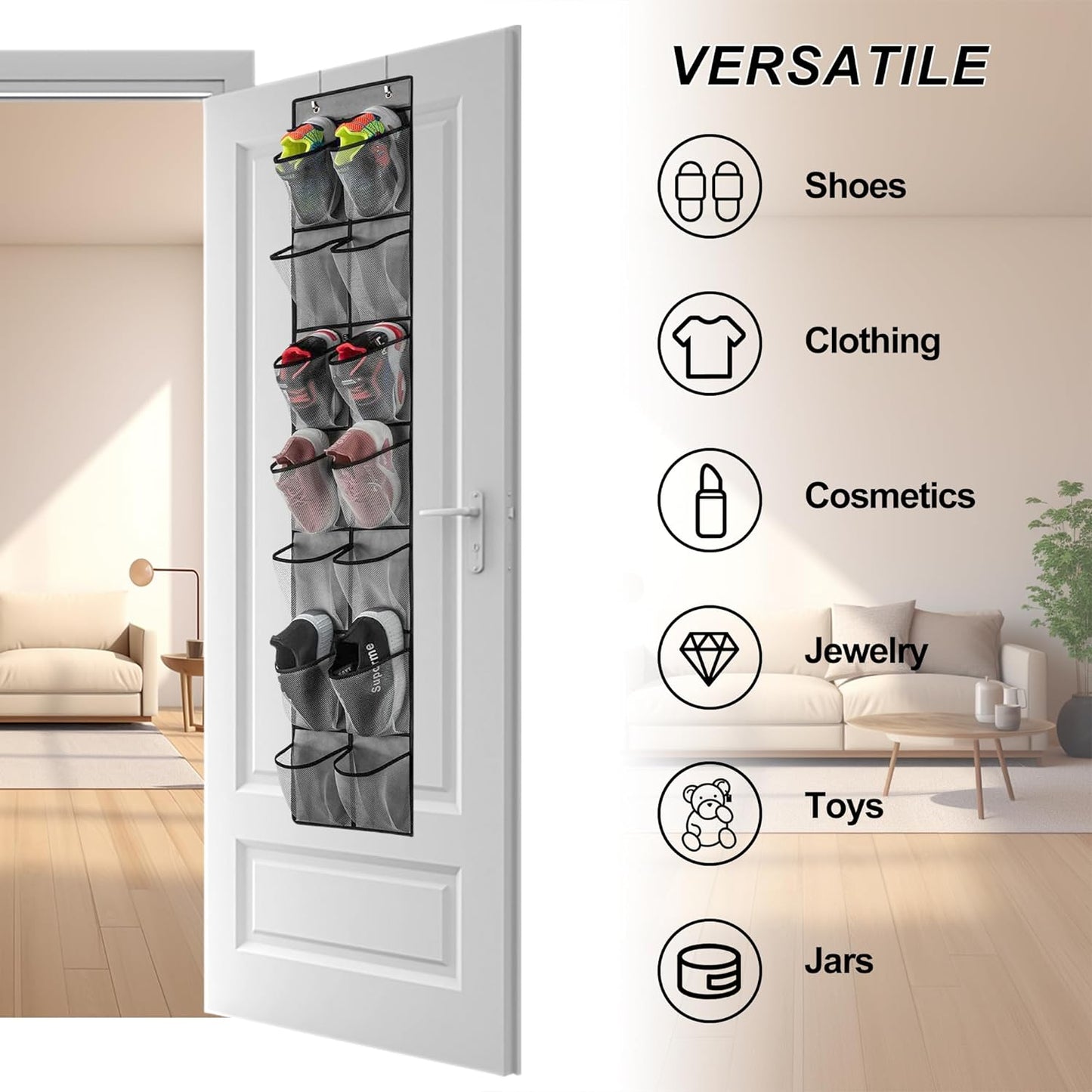 Over The Door Shoe Organizer, 14 Large Mesh Pockets Hanging Shoe Rack for Closet Organizers and Storage, Gray, 2-pack (gray)