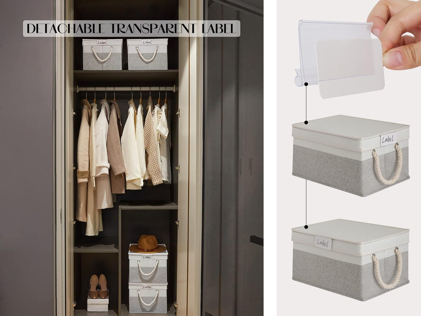 LoforHoney Home Fabric Storage Bins with Lids for Organizing, Foldable Closet Storage Boxes for Shelves, Clothes Baskets with Cotton Rope Handles, XLarge, Beige & Gray, 4-Pack