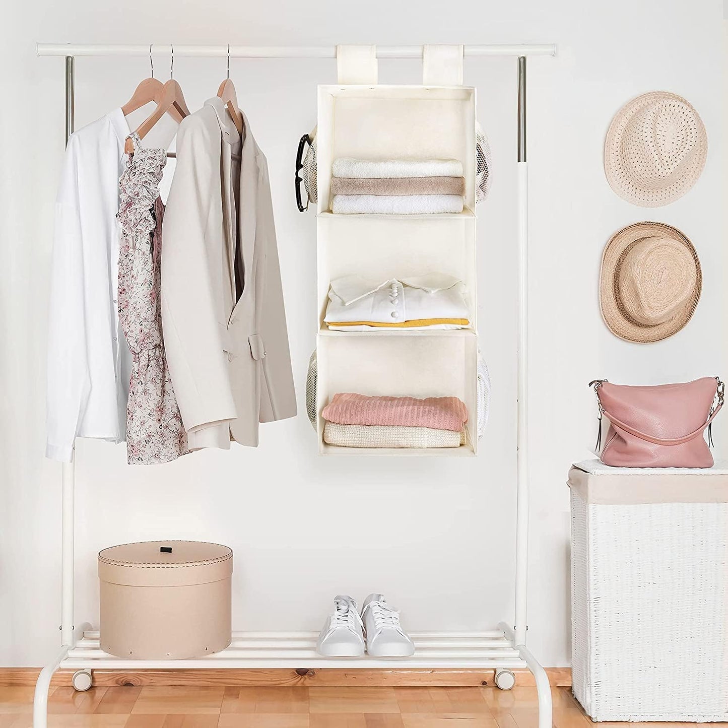 MAX Houser 3-Shelf Hanging Closet Organizers, Collapsible Closet Hanging Shelves for Camper, Nursery Hanging Organizers, Beige, 2-Pack