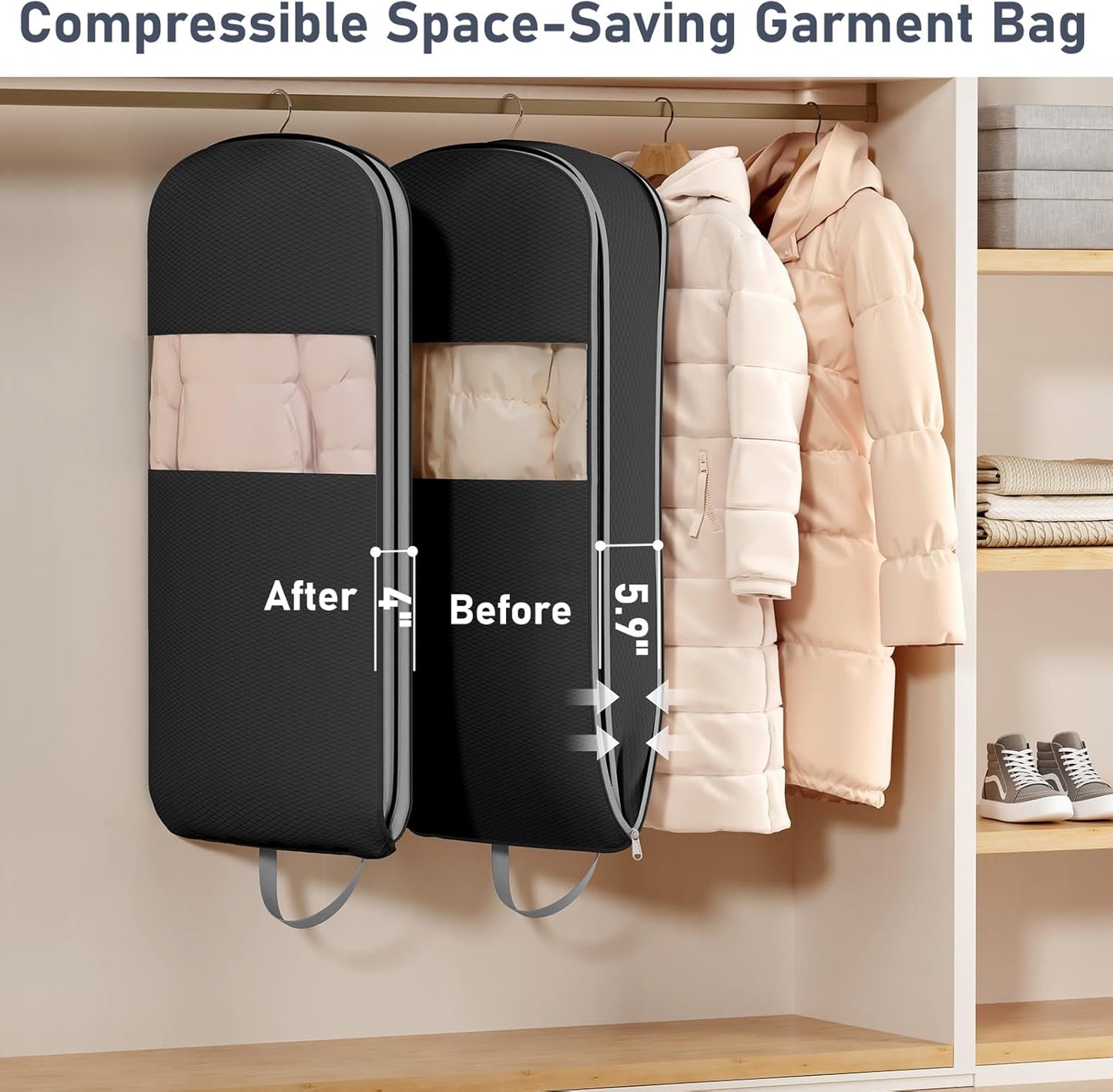 DIMJ 4 Pack 43" Space Saving Garment Bags for Hanging Clothes With Compression Zipper Carry Handles and Window, Washable Suit Bag for Dress, Clothes, Coats, Down Jacket, Closet, Moving, Travel