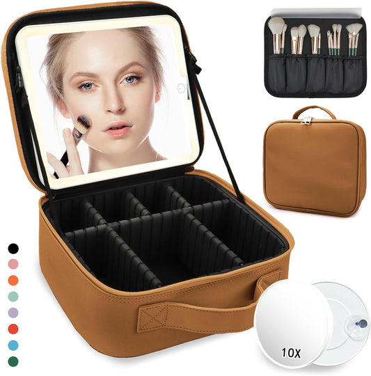 Travel Makeup Bag for Makeup Artists Large Makeup Case,with Mirror 3 Color Setting and Detachable 10x Magnifying Mirror Travel Makeup Bag,Portable Storage and Adjustable Dividers（brown）
