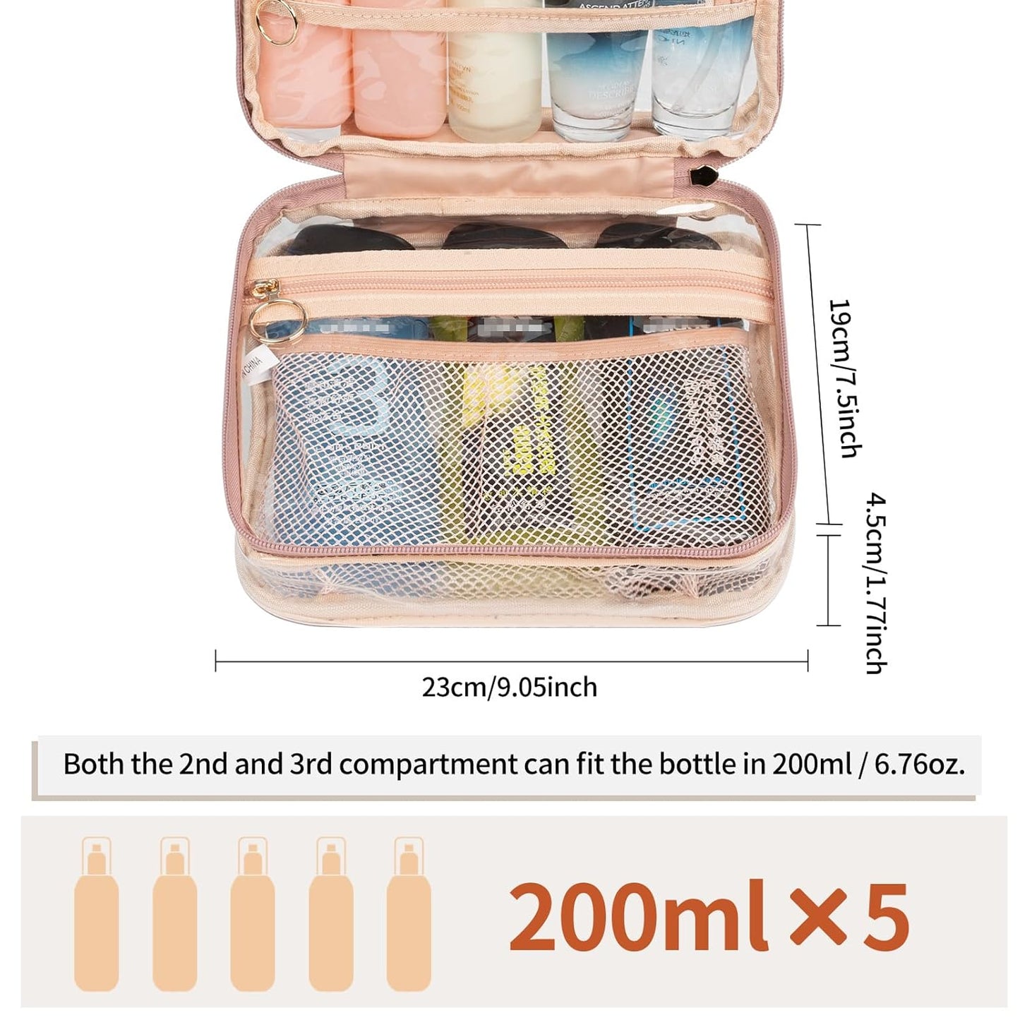 CUBETASTIC Clear Makeup Bag for Women, Transparent Cosmetic Organizer Case for Travelling, Hanging Toiletry Bag for Travel Essentials 3 Comparment Skincare Pouch with Potable Handle