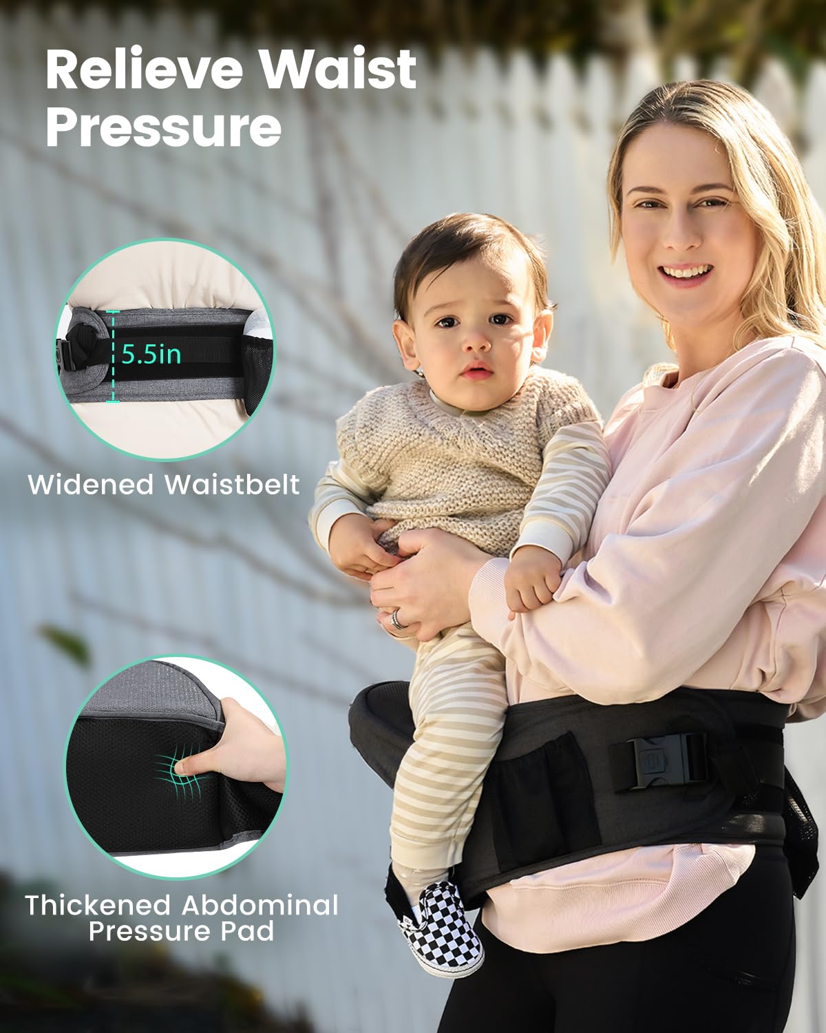 GROWNSY Ultra-Comfy Baby Carrier with Hip Seat, Enhanced Safety, Hands-Free Support for Newborn to Toddler (0-50 lbs), Multiple Pockets, Ergonomic, Adjustable Waistband, Minimalist Design – Black