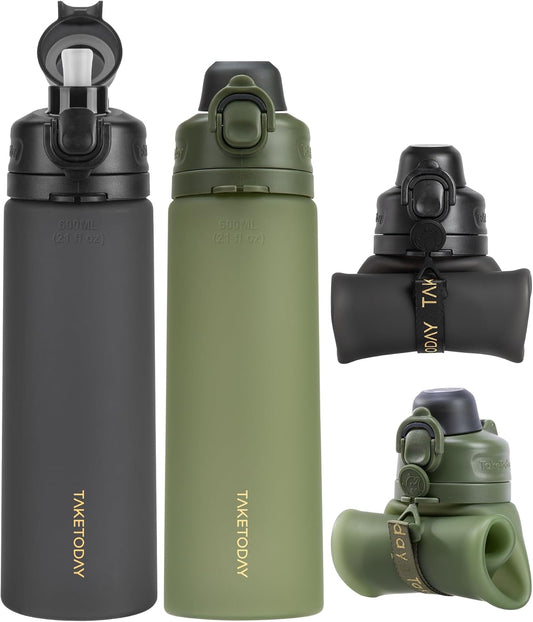 TakeToday Collapsible Water Bottles 20oz, Leak Proof, BPA-Free, Foldable Silicone Travel Water Bottle with Straw Strap for Cycling, Hiking, Outdoors