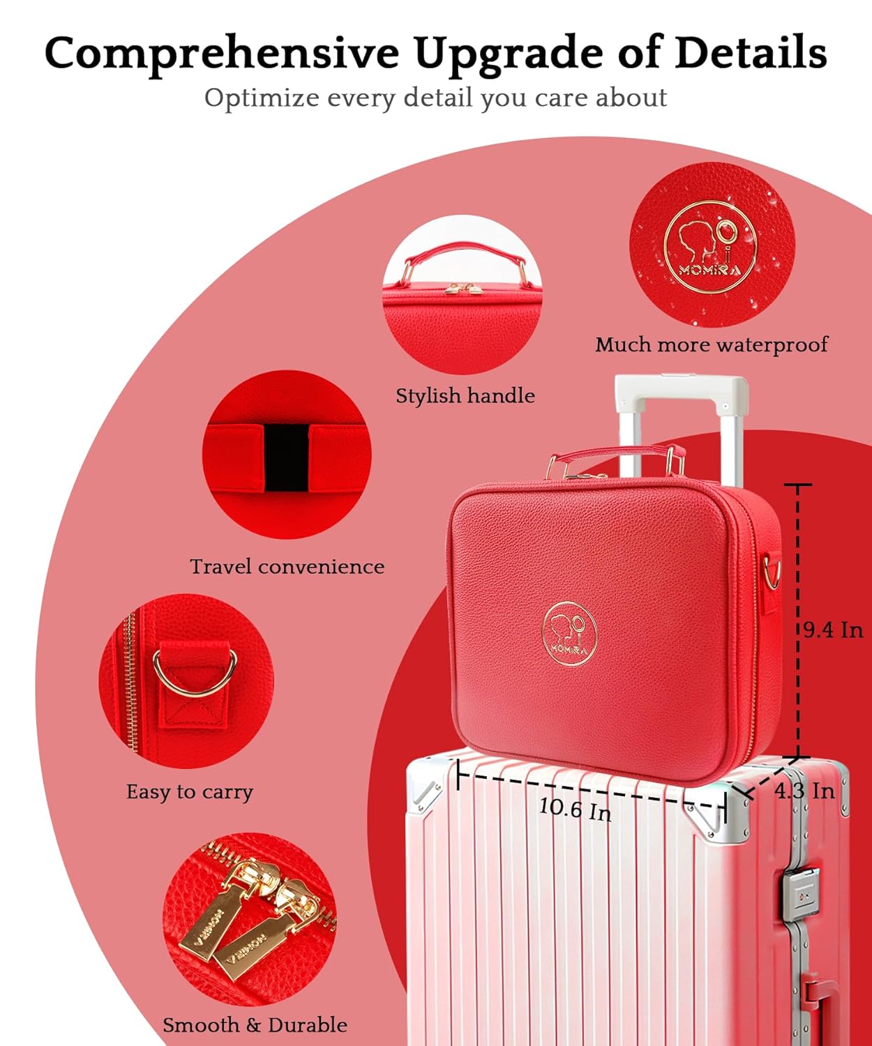 MOMIRA Travel Makeup Bag Cosmetic Bag with Lighted Mirror, Adjustable Brightness in 3 Color Scenarios/Detachable makeup mirror, All-round Upgrade, Waterproof, Gift for Women -Red