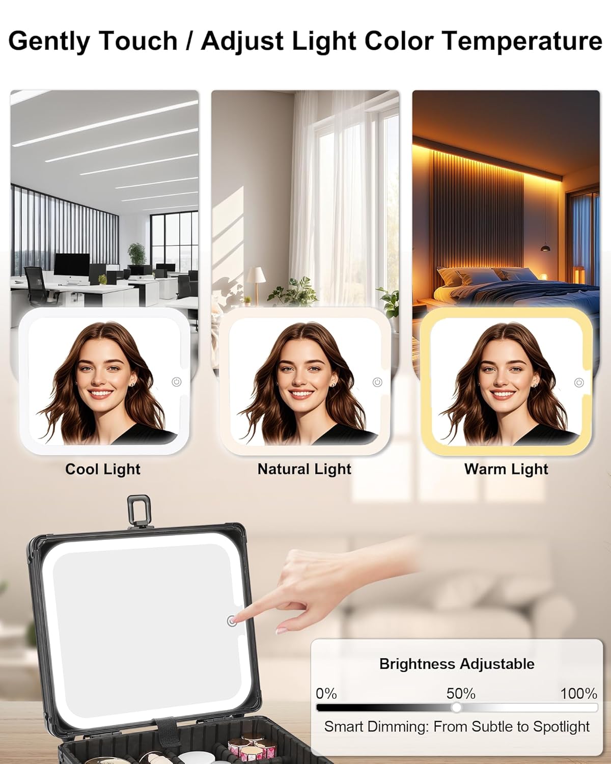 Makeup Box with LED Mirror, Makeup Bag with Light up Mirror& Adjustable Dividers Travel Make up Train Case Portable Cosmetic Organizer Case Waterproof Organizer Bag Gifts for Women and Girls