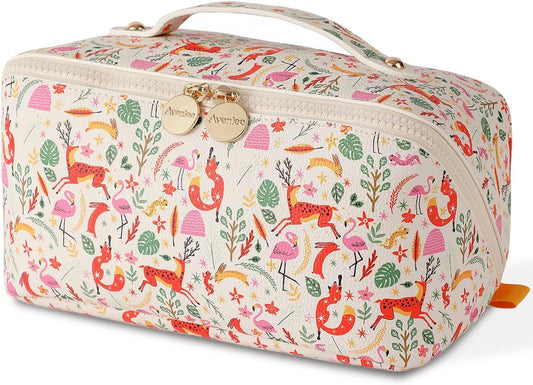 Aveniee Travel Makeup Bag for Women, Large Cosmetic Organizer with Open-Flat Design, Clear Divider & Handle - Waterproof PU Leather Toiletry Pouch