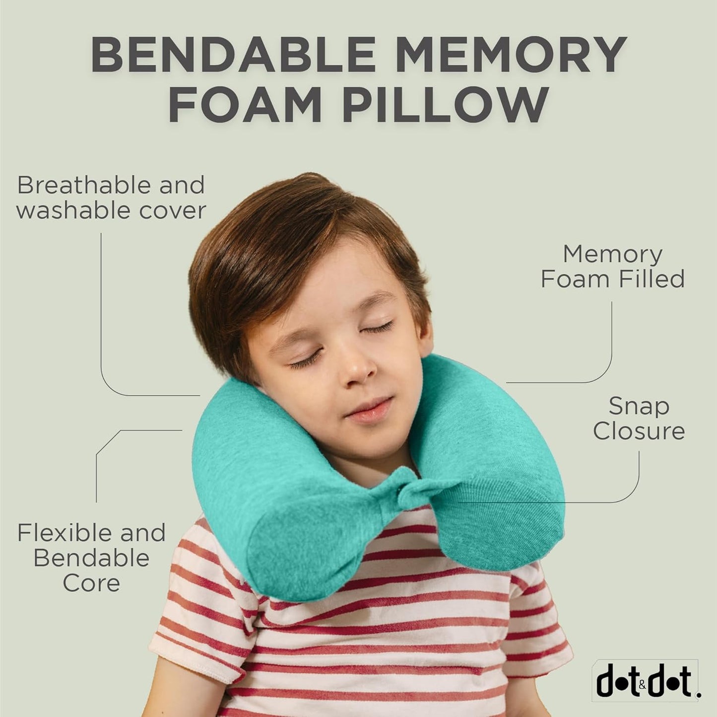 Dot&Dot Green Twist Memory Foam Kids Travel Pillow for Airplanes - Kids Neck Pillows for Sleeping - Airplane Pillow for Neck Support, Chin, Lumbar, Leg - Adjustable Toddler Neck Pillow