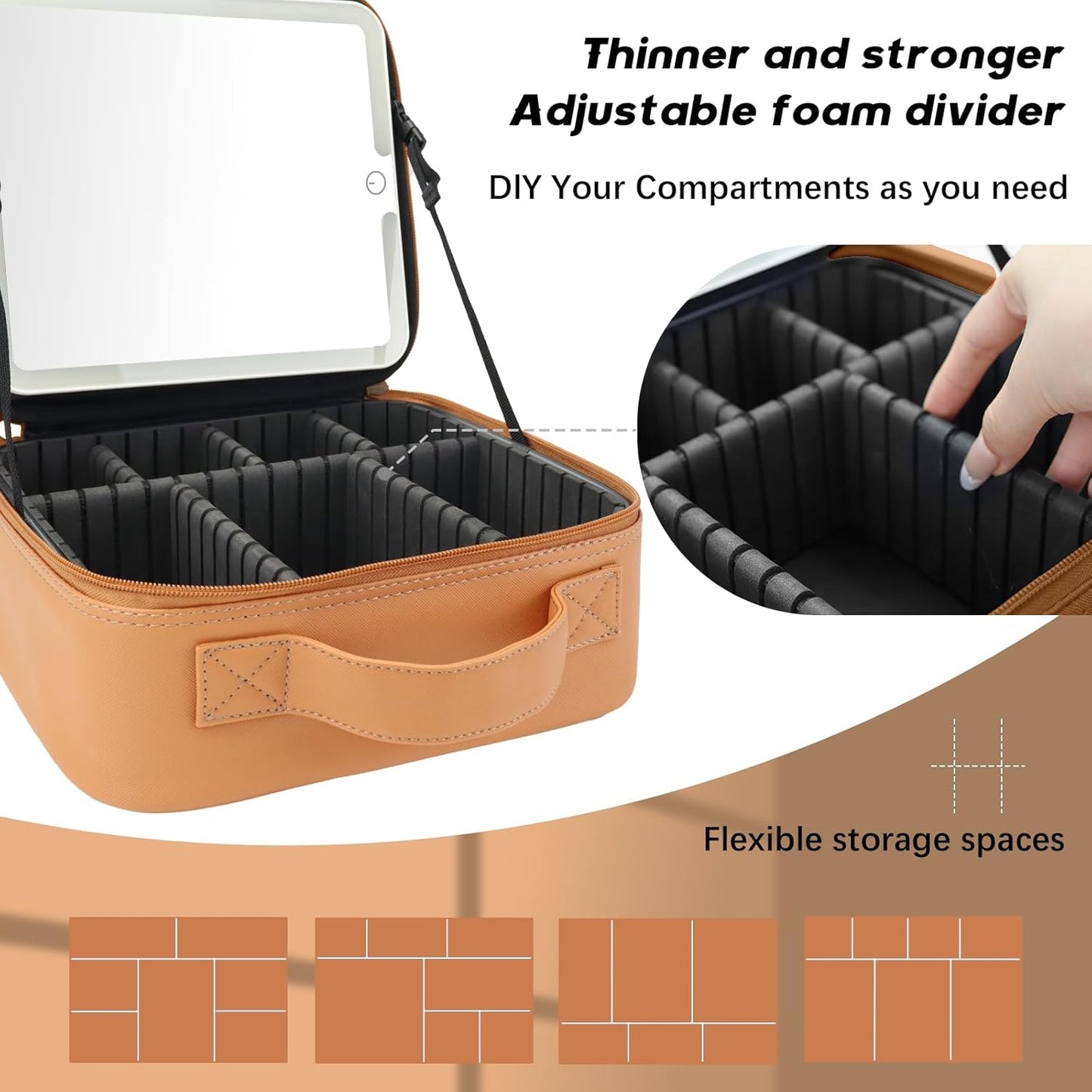 Makeup Bag with Led Mirror,Travel Makeup Organizer with 3 Color Setting, Portable Storage and Adjustable Dividers Travel Makeup Bag(CARAMEL COLOR)