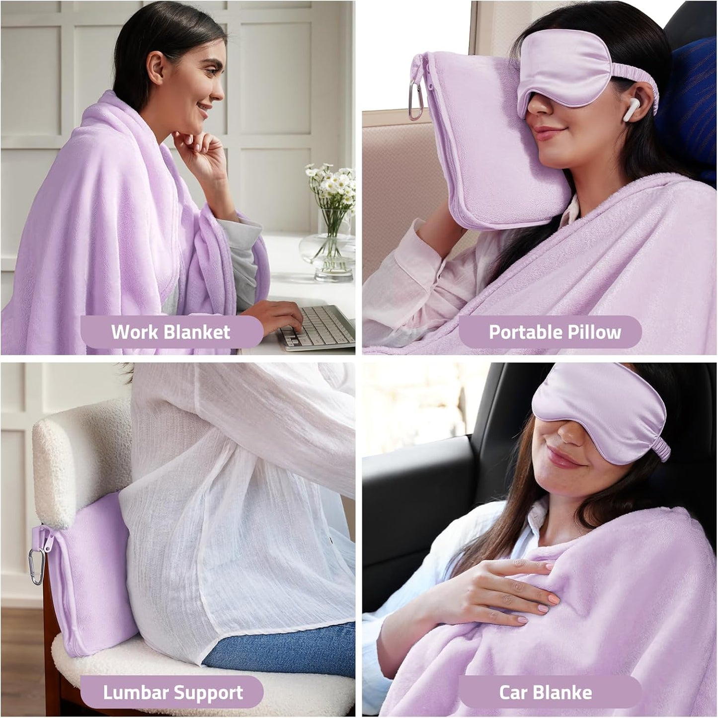 Travel Blanket, 3-in-1 Ultra-Soft, Warm & Lightweight Travel Blanket Airplane with Bag, 65x40 in, Airplane Travel Essentials for Women, Men & Kids with Eye Mask, Luggage Sleeve & Backpack Clip