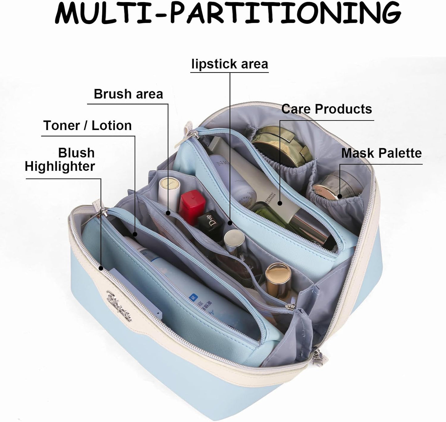 BOYATU Travel Makeup Bag Organizer Cosmetic Bag: 3 Pcs Set Make up Bags for Women with Handle - Waterproof Vegan Leather Toiletry Bags with Comparments (D-05-Blue)