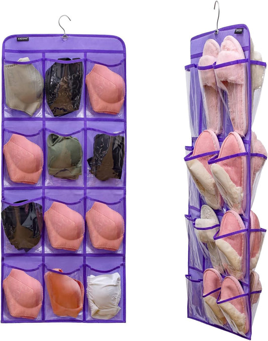 Dual Sided Hanging Shoe Organizer for Closet with Rotating Hanger Hanging Shoe Rack Holder with 24 Large Pockets (Purple-Clear Pockets)