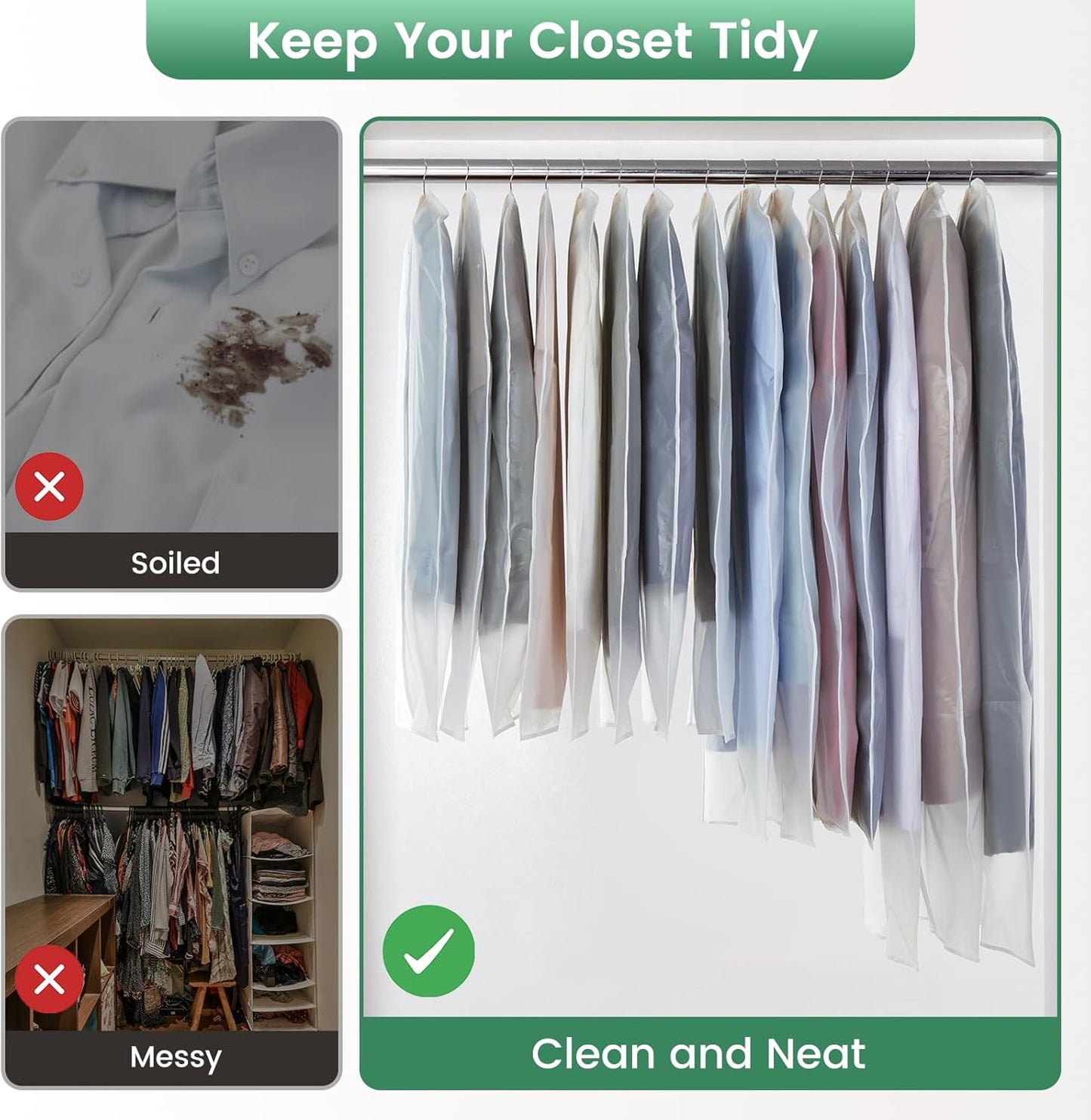 Translucent Garment Bag - 15 Packs Garment Bags for Hanging Clothes Dress Bag Suit Bags for Closet Storage Travel - 24" x 40"/47"/55"