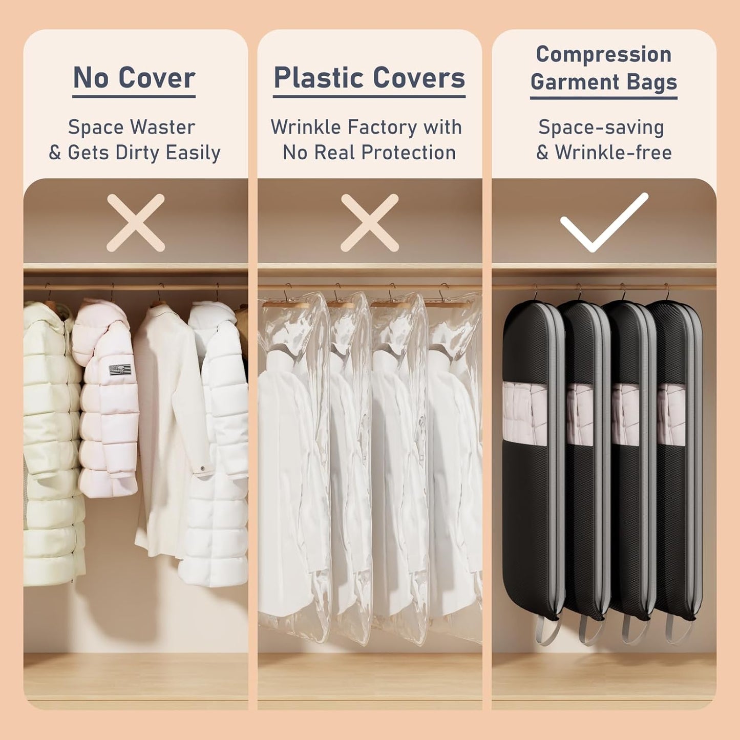 DIMJ 3 Pack 54" Garment Bags for Hanging Clothes - Space Saving Compression Suit Bag Travel with Handles Window, Washable Carry Clothing Storage Cover for Dress, Coats, Down Jacket, Shirts