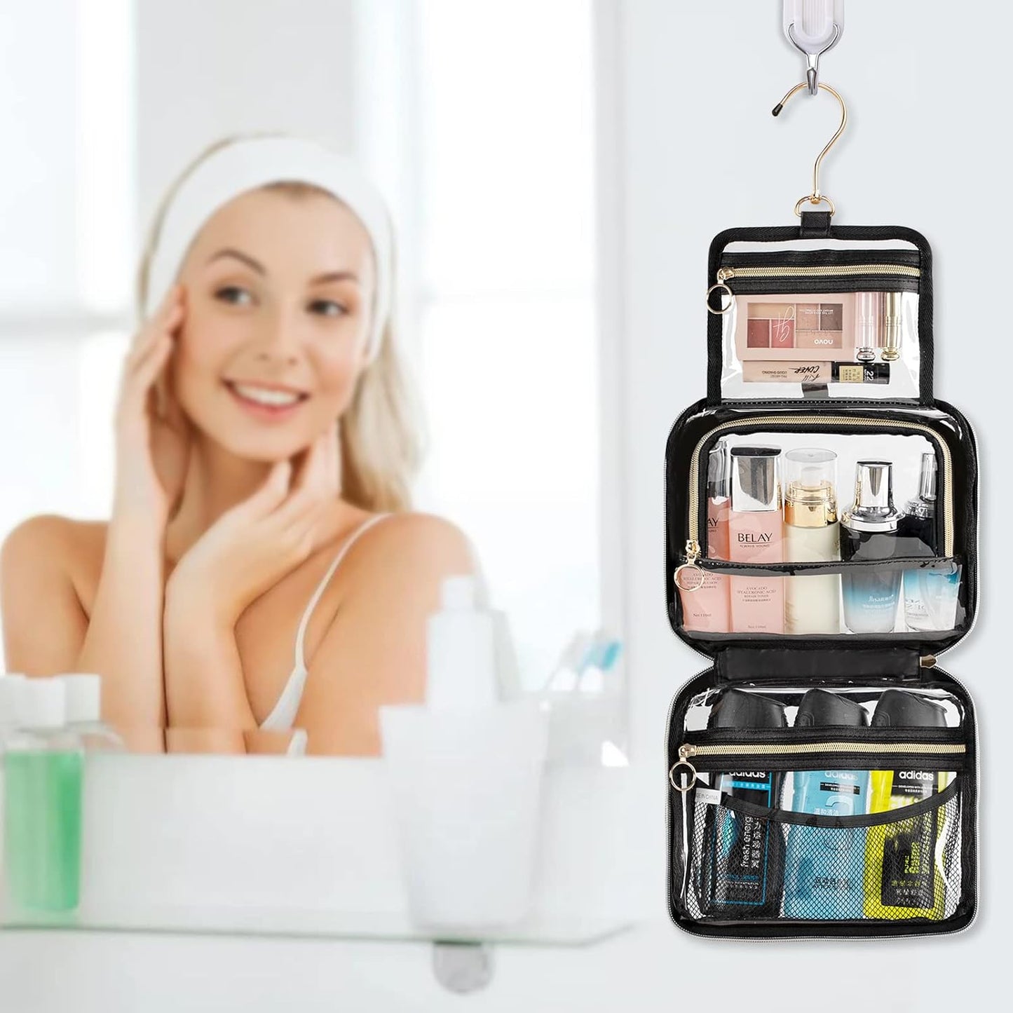 Toiletry Bag for Men, Clear Hanging Toiletries Bag for Travelling, Transparent Makeup Bag Organizer Portable Skincare Cosmetic Pouch for Women, 3 Compartment