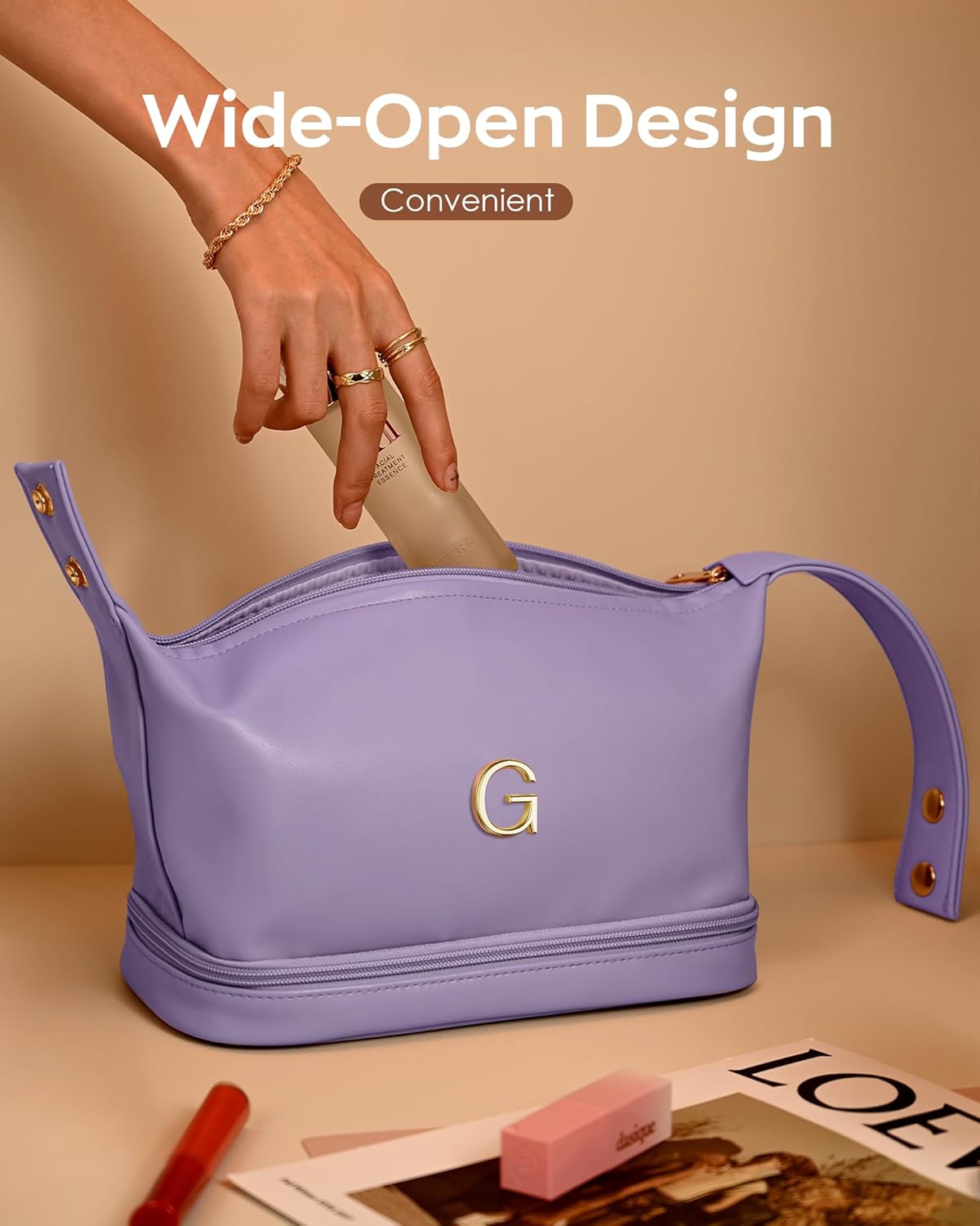 Personalized Makeup Bag with Handle, Initial Double Layer Cosmetic Bag with Makeup Brush Organizer,Gifts for Friends Female Mom