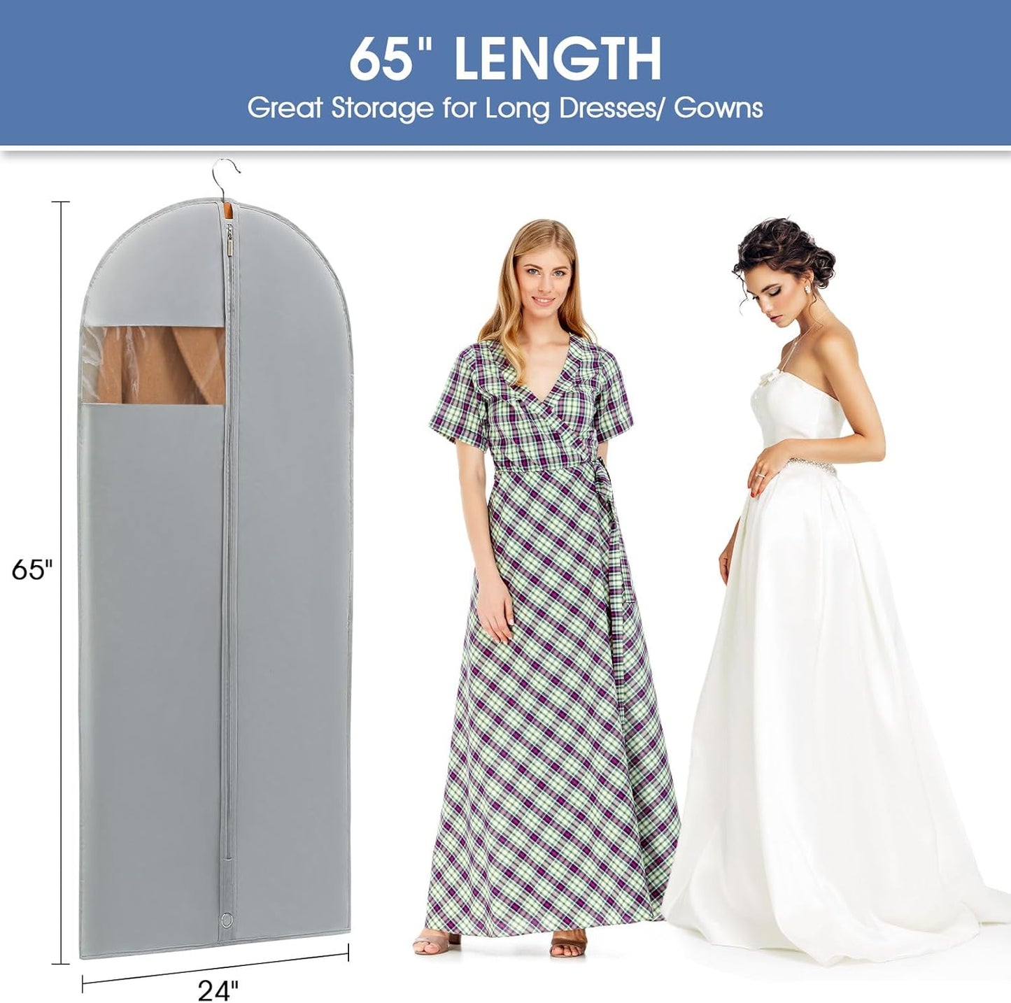 Dress Bags for Gowns, 65'' Long Garment Bags for Hanging Clothes, Dress Garment Bag, Grey Dress Cover with Clear Window for Dresses, Coats, Uniforms - 2 Pack