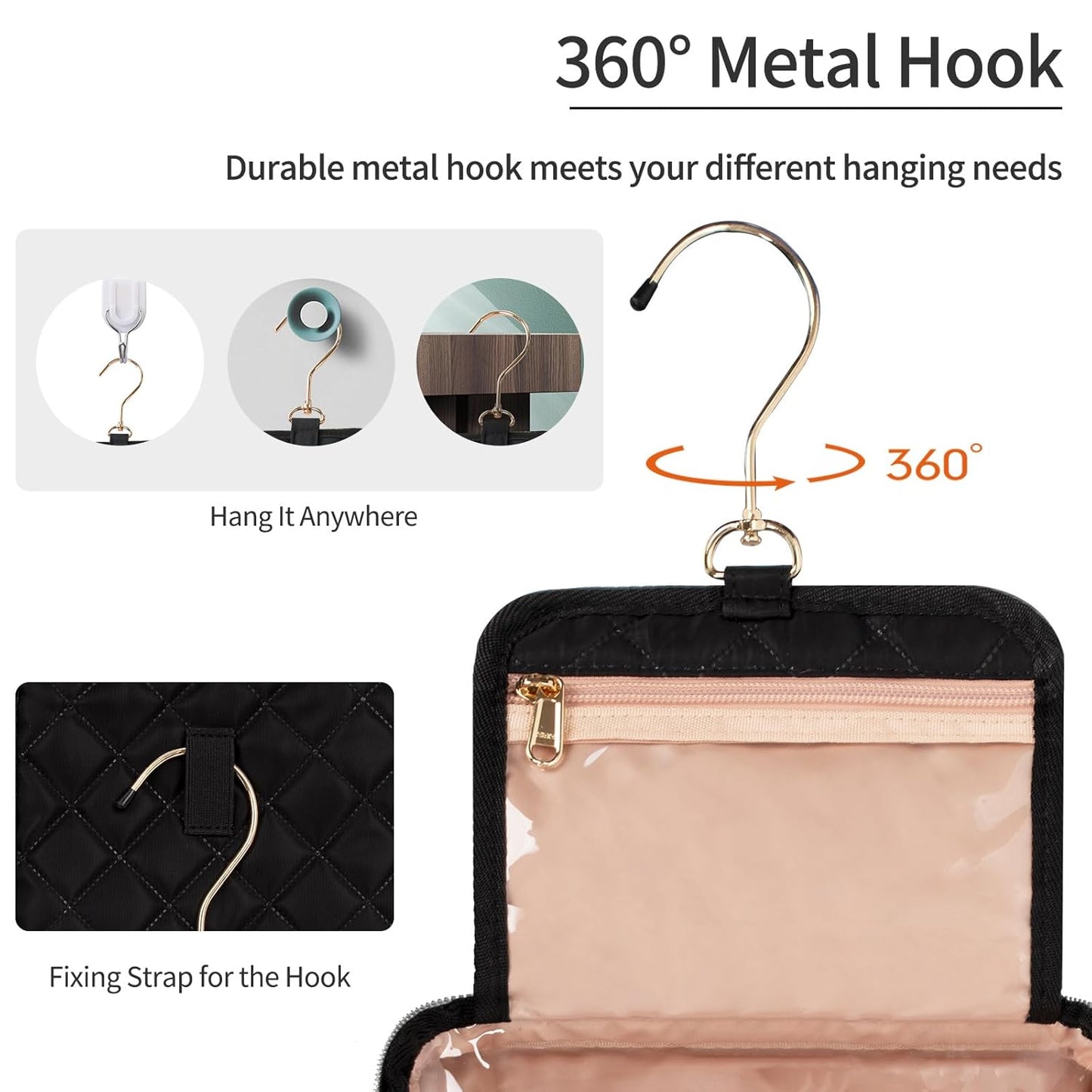 CUBETASTIC Hanging Travel Toiletry Bag, Portable Makeup Organizer for Women Men, 3 Compartment Cute Cosmetic Case Water-resistant Small Travel Bag for Toiletries, Black