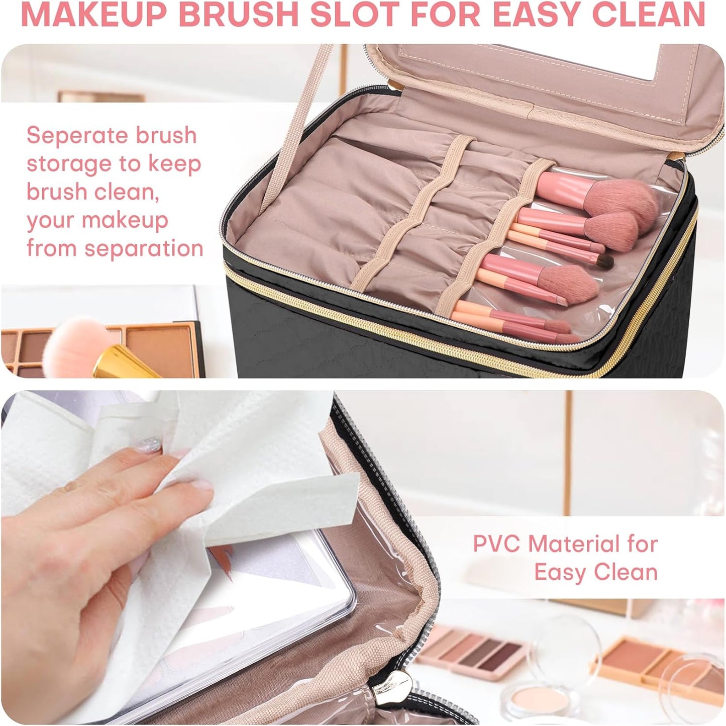 Large Makeup Bag with Mirror Double Layer Travel Make Up Organizer Case, Large Capacity Coemetic Bag with Brush Slot Divider