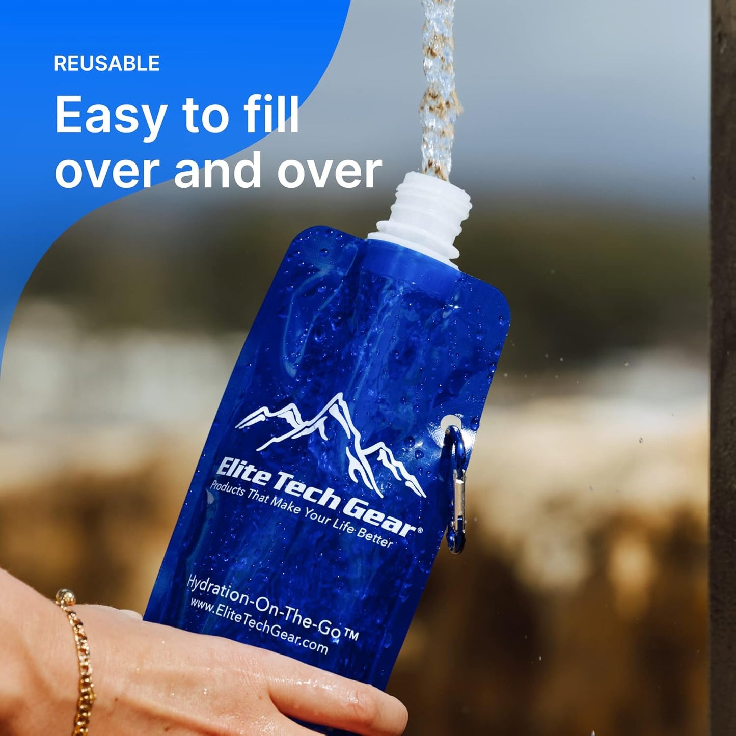 Elite Screens Collapsible Water Bottles - 10-Pack, 16.9 oz, Blue - Foldable & Reusable Water Bottle with Carabiner Strap for Hiking, Camping & Cycling - Long Flight Must-Haves & Theme Park Essentials