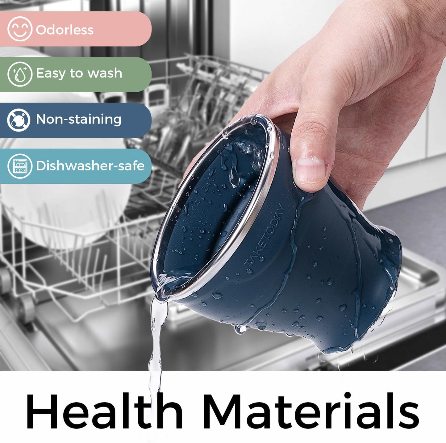 TakeToday 2PCS Collapsible Travel Cup - Silicone Foldable Water Cup, BPA-Free with Lid & Waterproof Bag - Drinking Cup Set for Camping, Outdoors & International Travel（8 Oz, Navy & Blue）