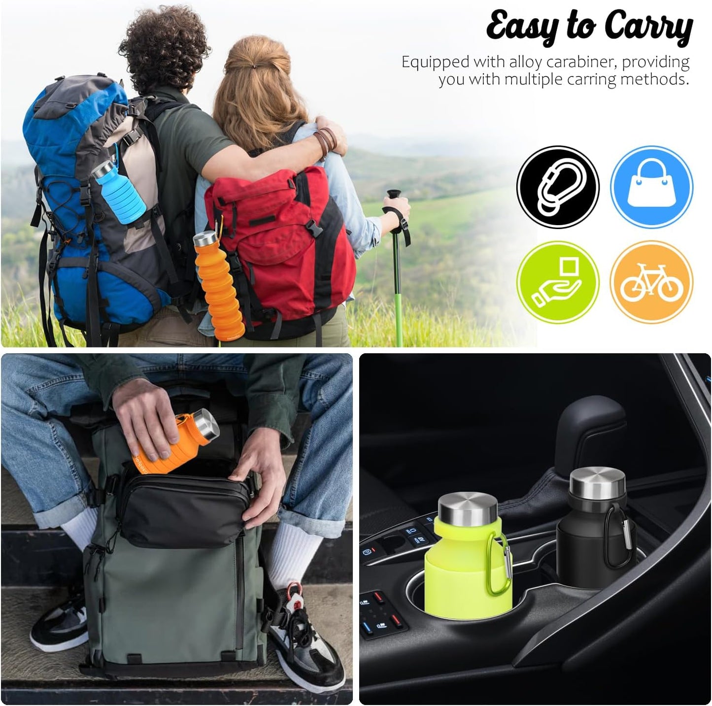 Nefeeko Collapsible Water Bottle, Reuseable BPA Free Silicone Foldable Water Bottles for Travel Gym Camping Hiking, Portable Leak Proof Sports Water Bottle with Carabiner