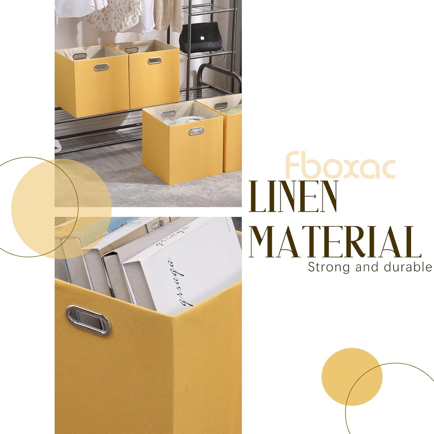 Cube Storage Bins 13×13x13 Inch, 4 Pack Collapsible Linen Fabric Storage Cubes with Handles, Thick Heavy Duty Storage Baskets for Shelves Kallax Bedroom Dormitory Toy Clothes, Yellow