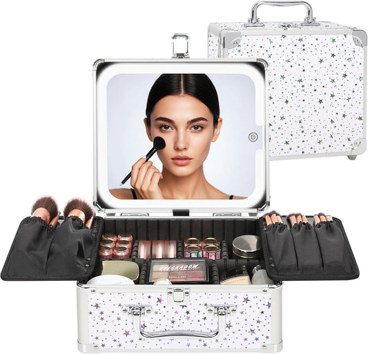 Relavel Makeup Bag with LED Mirror, Makeup Box Travel Train Case with Rechargeable Lighted Mirror, Cosmetic Brush Organizer Storage for Makeup Artists Gifts for Women and Girls, Shining Star