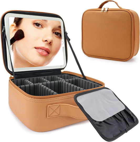 Travel Makeup Bag with LED Mirror Travel Makeup Organizer with 3 Lighted Settings, Adjustable Dividers and Makeup Brush Storage Bag Orange-Brown