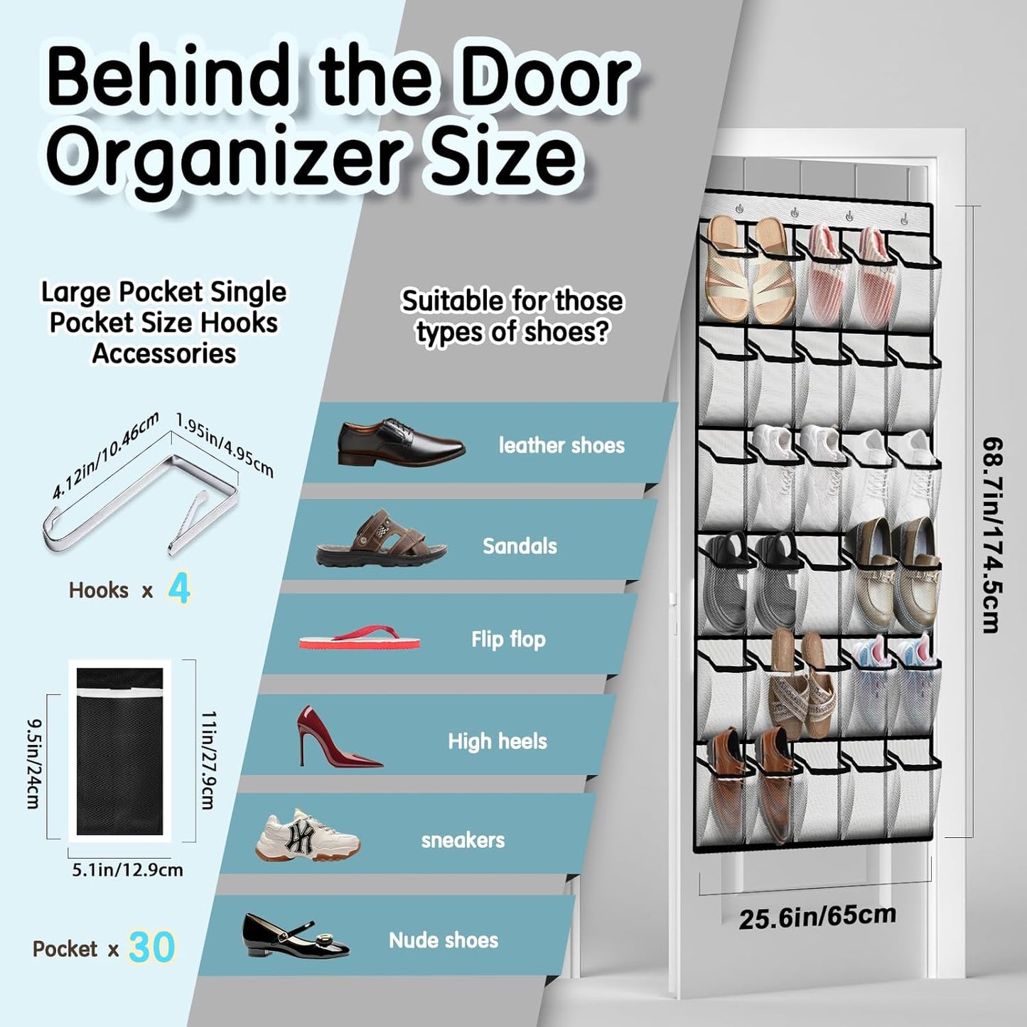 Over the Door Shoe Organizer with 30 Breathable Mesh Pockets - Large Capacity Closet Storage for Men & Women, Hanging Shoe Rack Organizer (White)