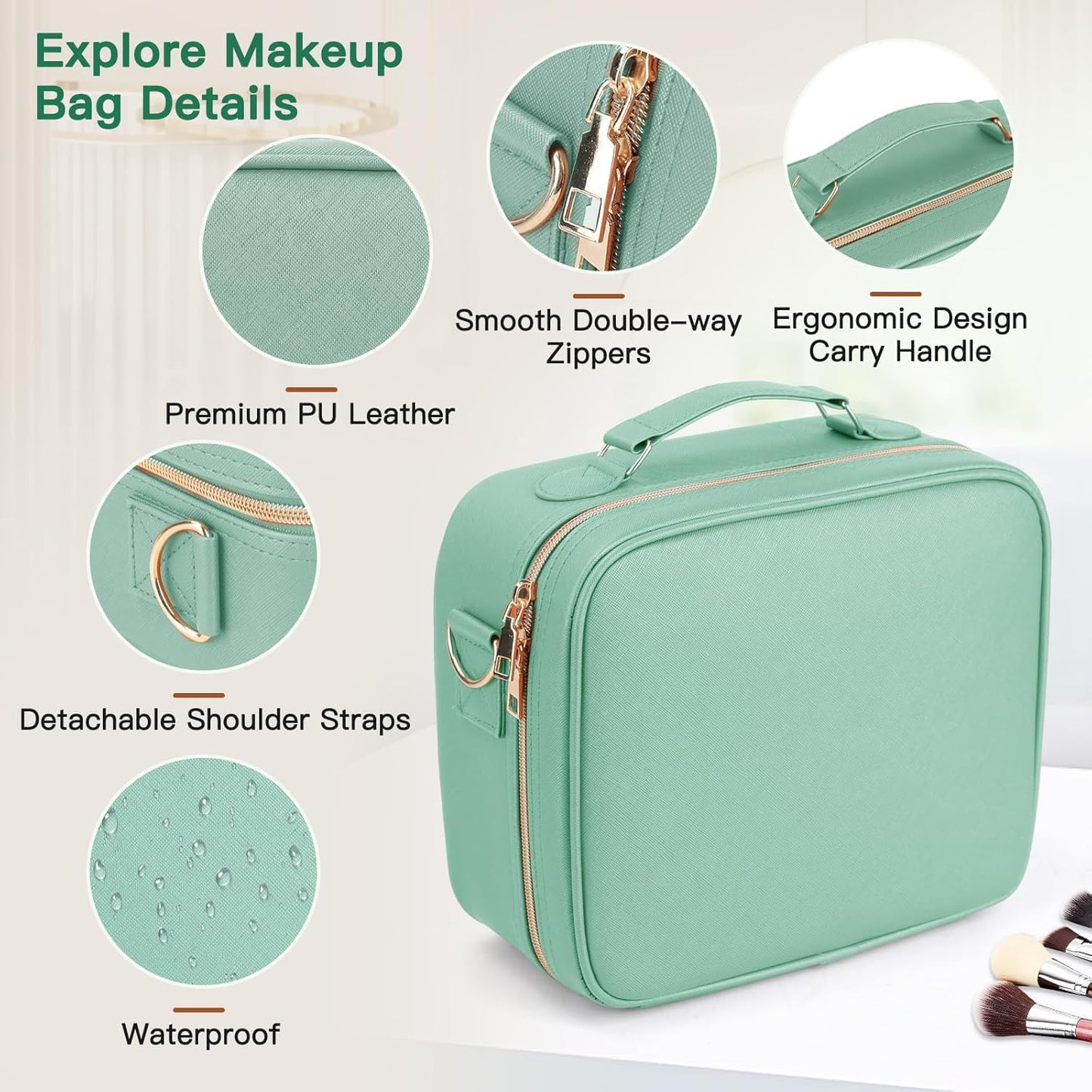 Travel Makeup Bag with LED Mirror, Cosmetic Bags for Women with Light up Mirror, Travel Essentials Makeup Organizer, Makeup Case with Adjustable Dividers and Brush Holder, 3 Color Lights