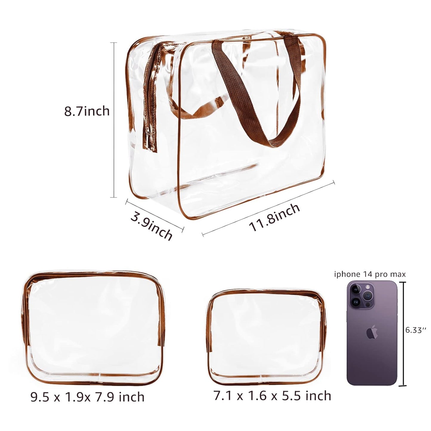 3Pcs Crystal Clear PVC Travel Toiletry Bag Kit for Women Men, Waterproof Vinyl Packing Organizer Storage Bags with Zipper Handle Straps, Cosmetic Pouch Carry on Airport Airline Compliant Bag Handbag