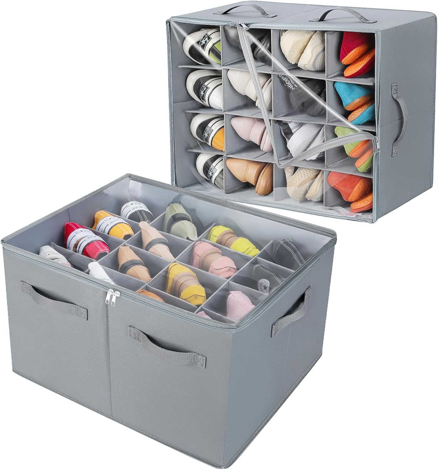 Shoe Organizer for Closet 2 Pack, Foldable Shoe Box with Adjustable Dividers and Clear Cover, Space Saving Shoe Storage Organizer Cabinet with Reinforced Handles, Fits 32 Pairs, Gray, TP12G