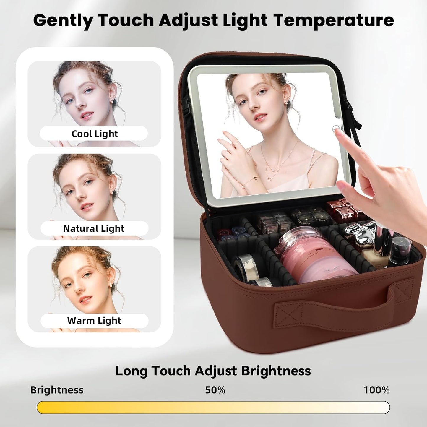 Travel Makeup Bag with LED Mirror and Light Travel Makeup Case Cosmetic Organizer Portable Cosmetic Brush Organizer Bag with Adjustable Dividers for Cosmetics Makeup Brushes Toiletry(Dark Brown)
