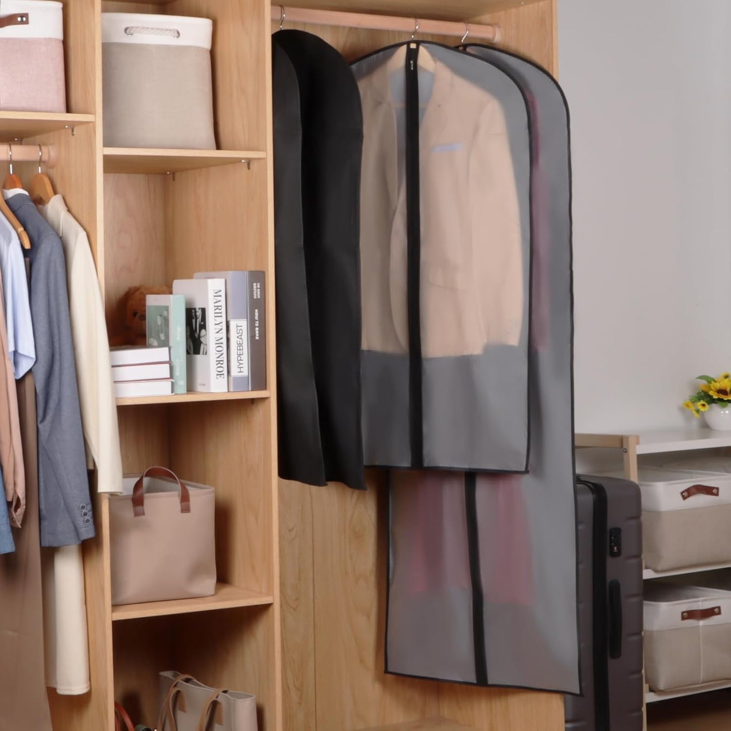 Zilink Clear Dress Bags for Gowns Long 65'' Garment Bags for Hanging Clothes Foldable Long Garment Bags for Dresses for Closet Storag - Clear/Black, 3 Pack